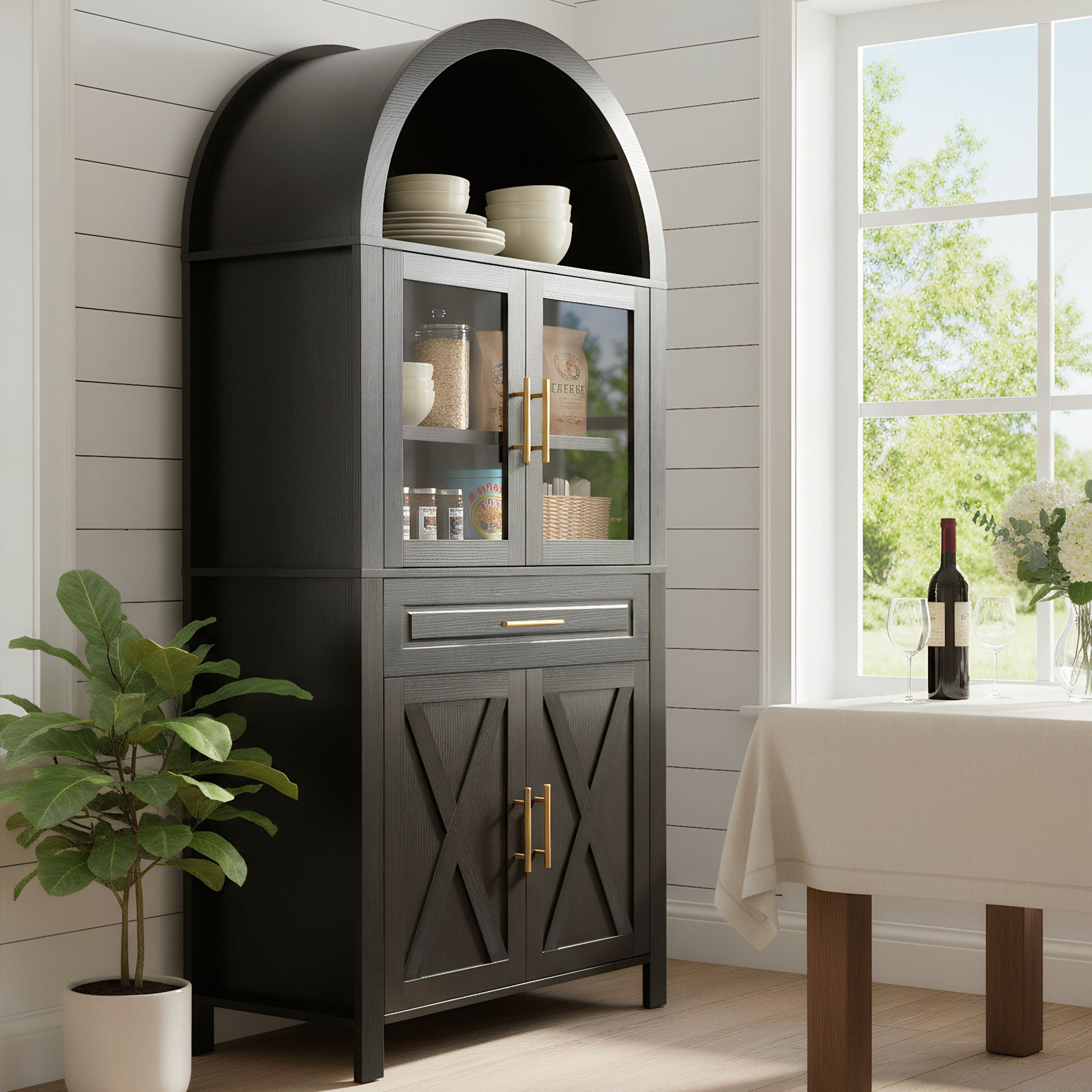 Arched Kitchen Pantry Cabinet With Adjustable Shelves And Barn Door Design