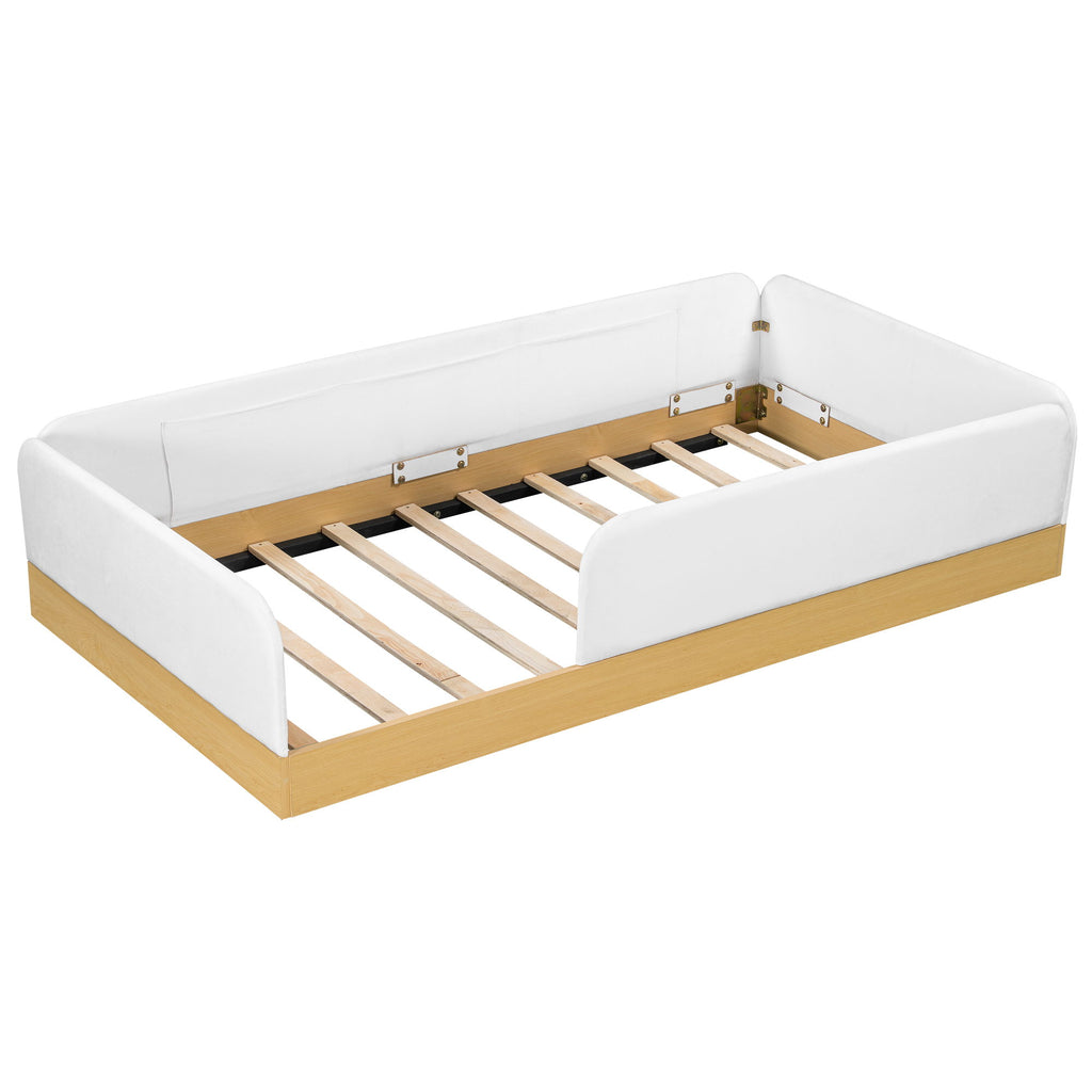 Twin Upholstered Platform Bed With Guardrail And Storage Bags - Natural