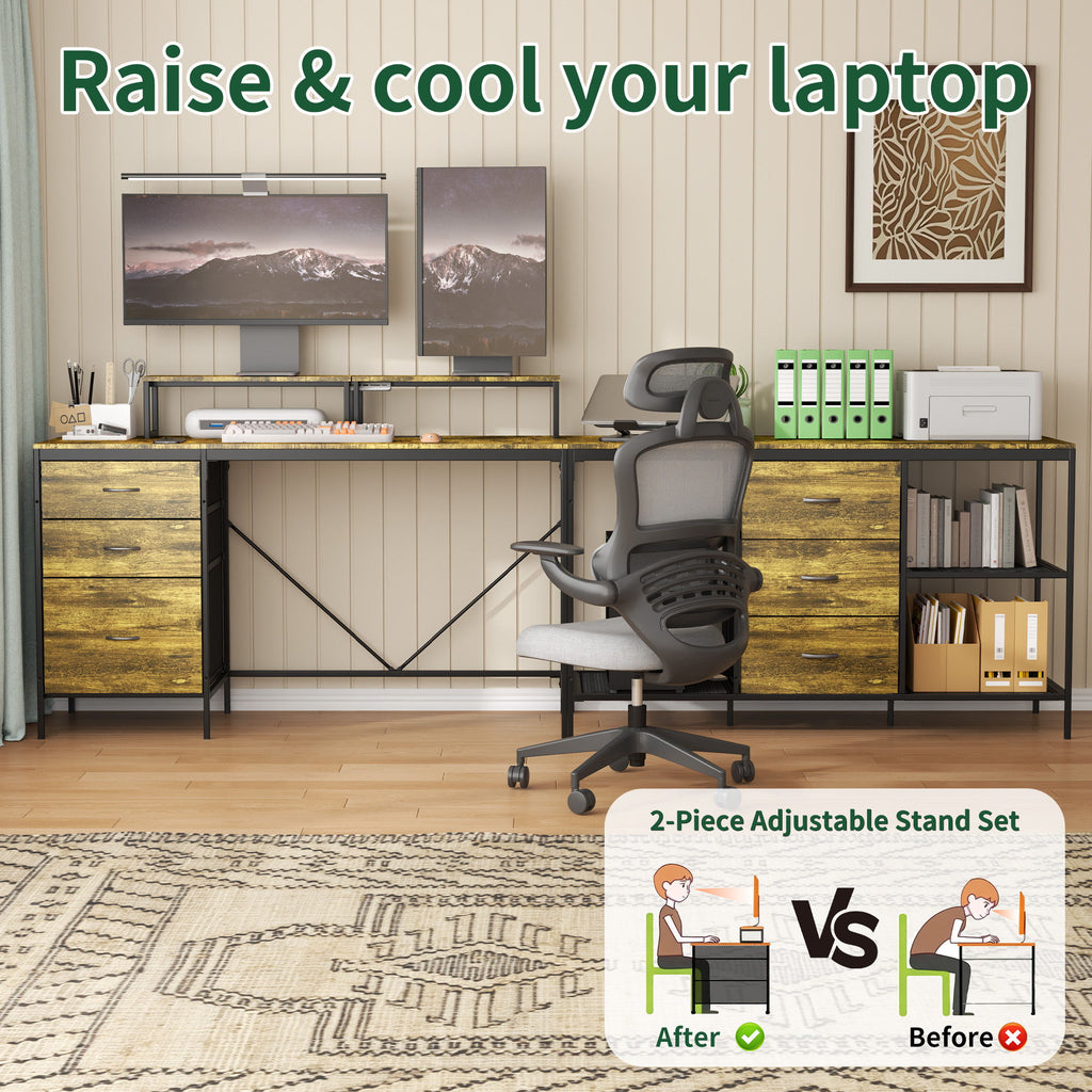 Industrial L Shaped Computer Desk With Power Outlets & USB-C, 6 Fabric Drawers, 3 Open Shelves, Movable Monitor Stands - Brown