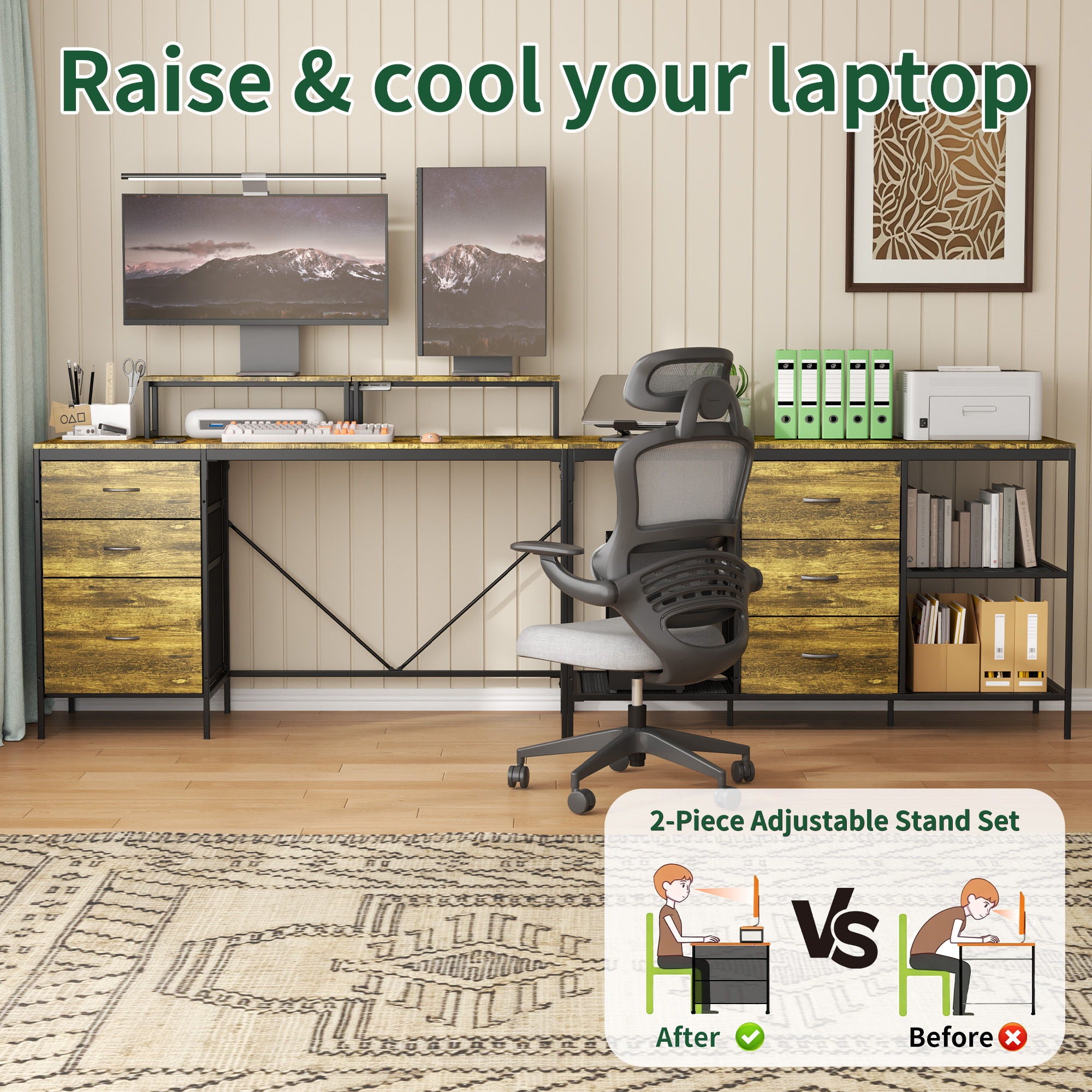 Industrial L Shaped Computer Desk With Power Outlets & USB-C, 6 Fabric Drawers, 3 Open Shelves, Movable Monitor Stands - Brown
