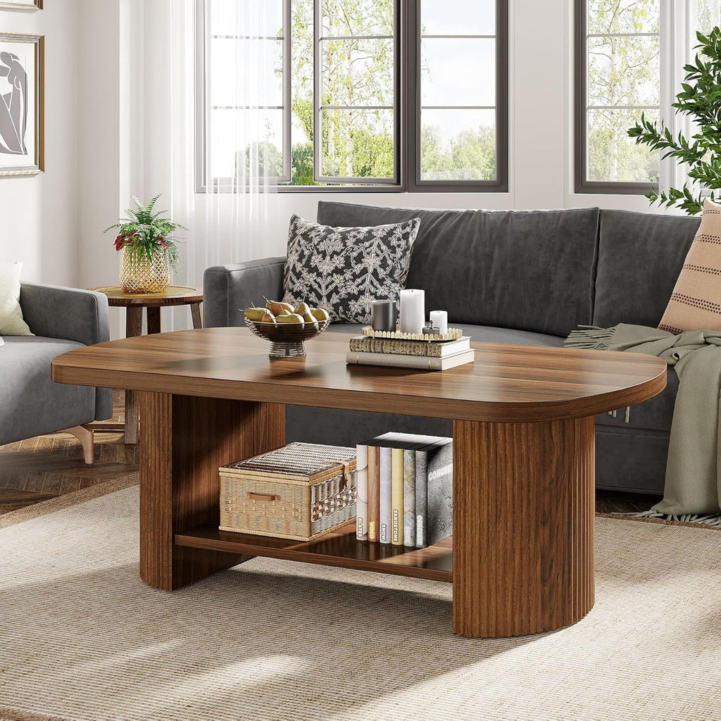 2 Tier Oval Coffee Table With Storage Shelf For Living Room - Rustic Brown