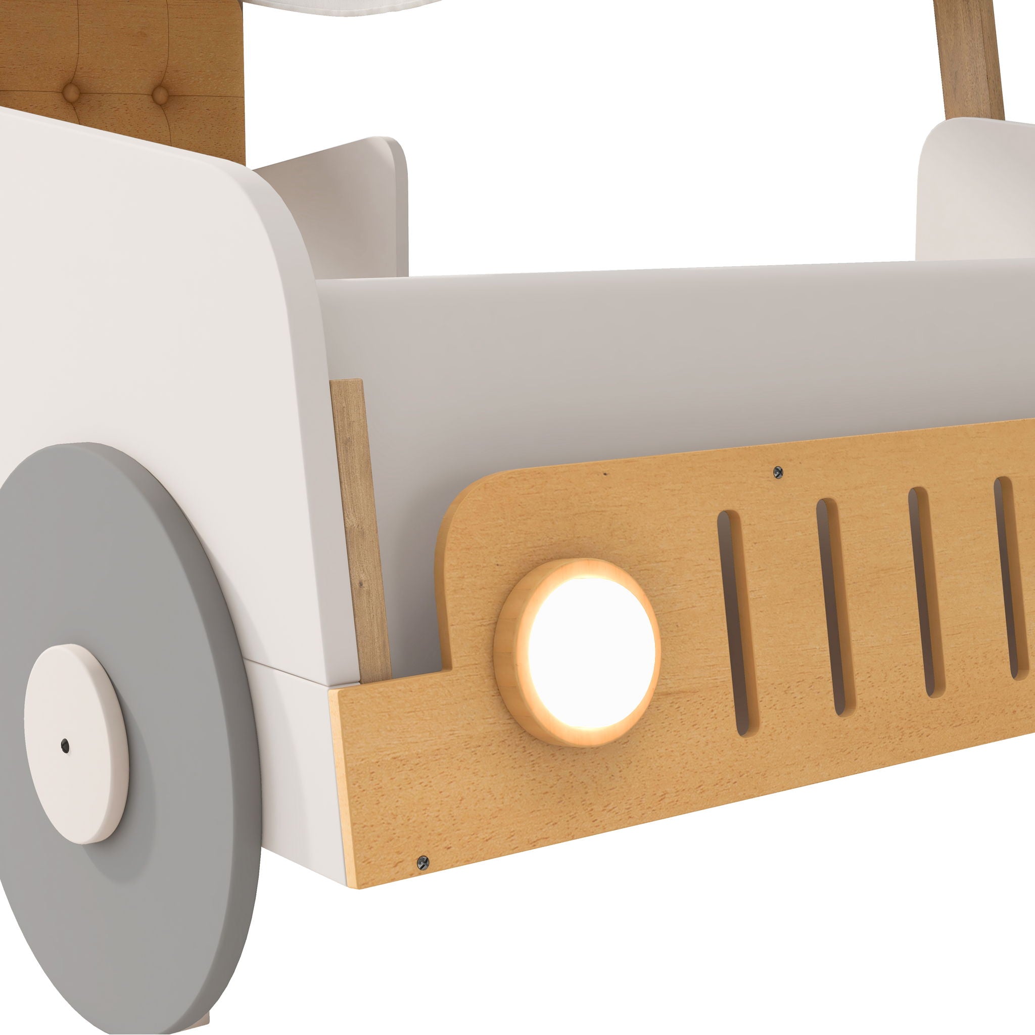 Twin Size Car Bed With Pillow, Ceiling Cloth And LED - Natural