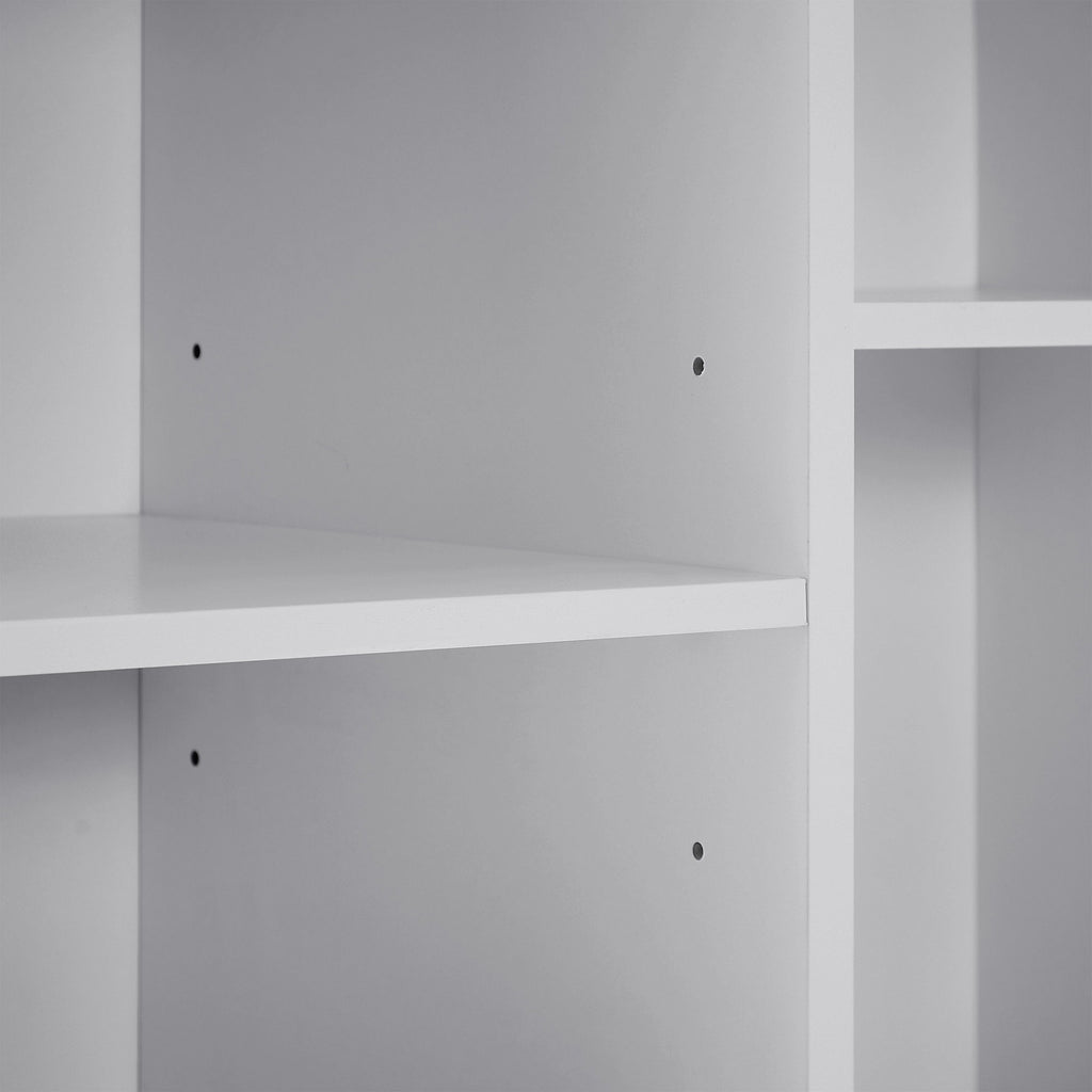 Modern Tall Storage Cabinet With Adjustable Shelves, Flip-Out Basket & Enclosed Doors