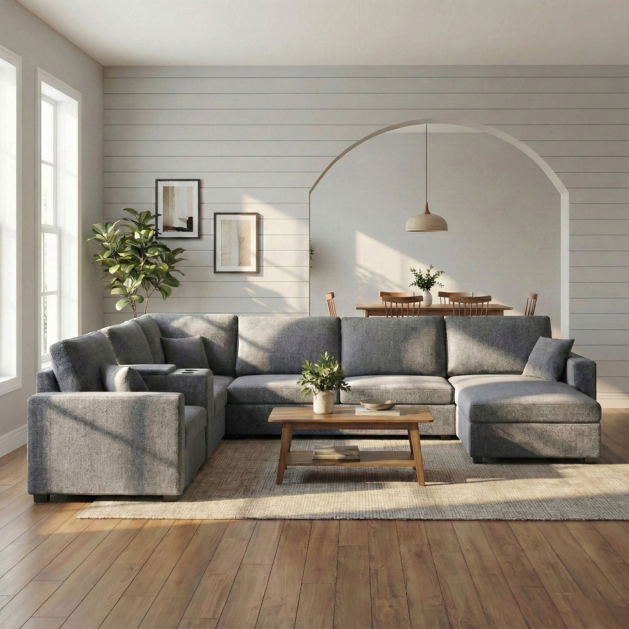 Modular 5 Seat U-Shape Sectional Sofa With Chaise Lounge, Built In Cup Holders And Storage Drawer