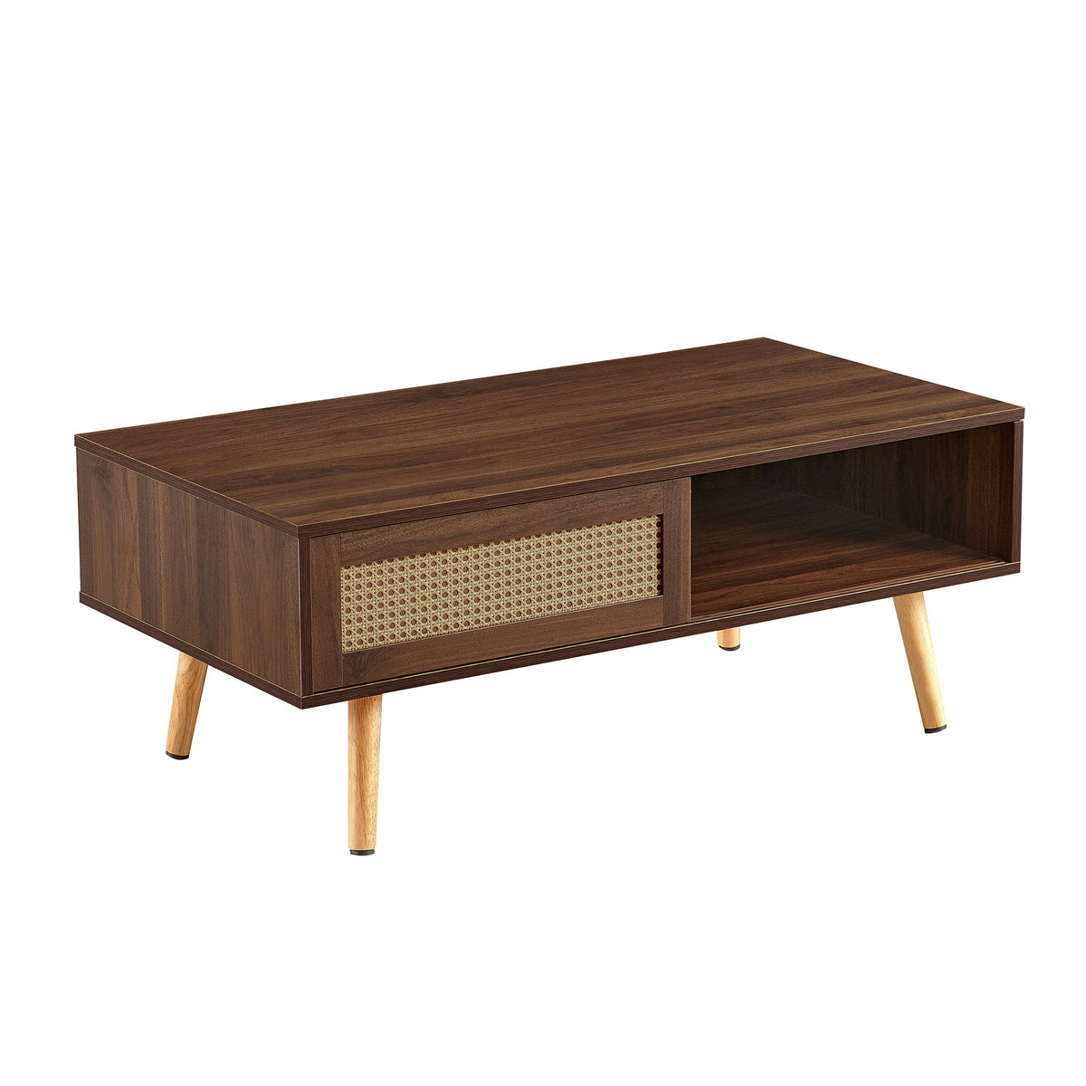 41.34" Rattan Coffee Table, Sliding Door For Storage, Solid Wood Legs, Modern Table For Living Room