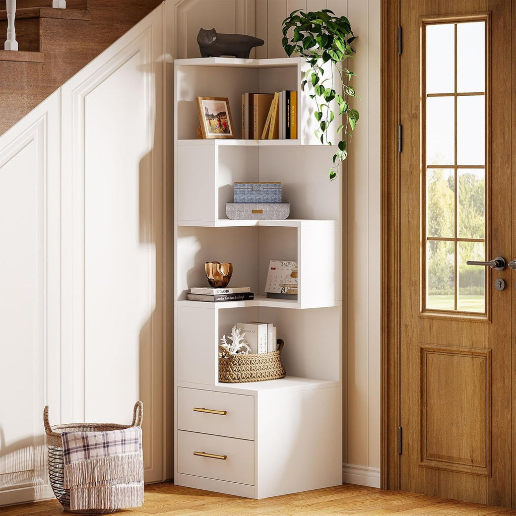 Corner Bookshelf With 2 Drawers, 5 Tier Bookcase For Apartment - White