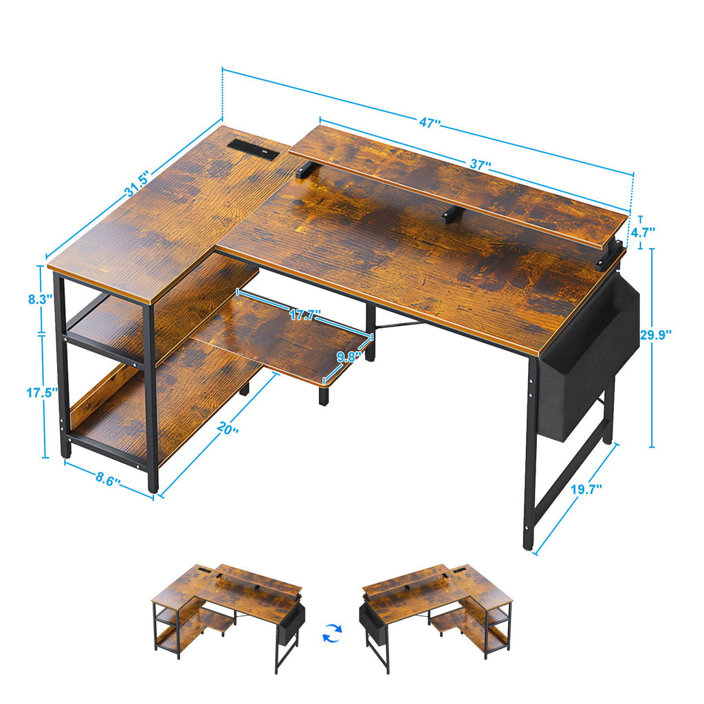 L-Shaped Gaming Desk With Power Outlets, Monitor Stand & Storage Shelves, Reversible Corner Workstation - Black / Brown