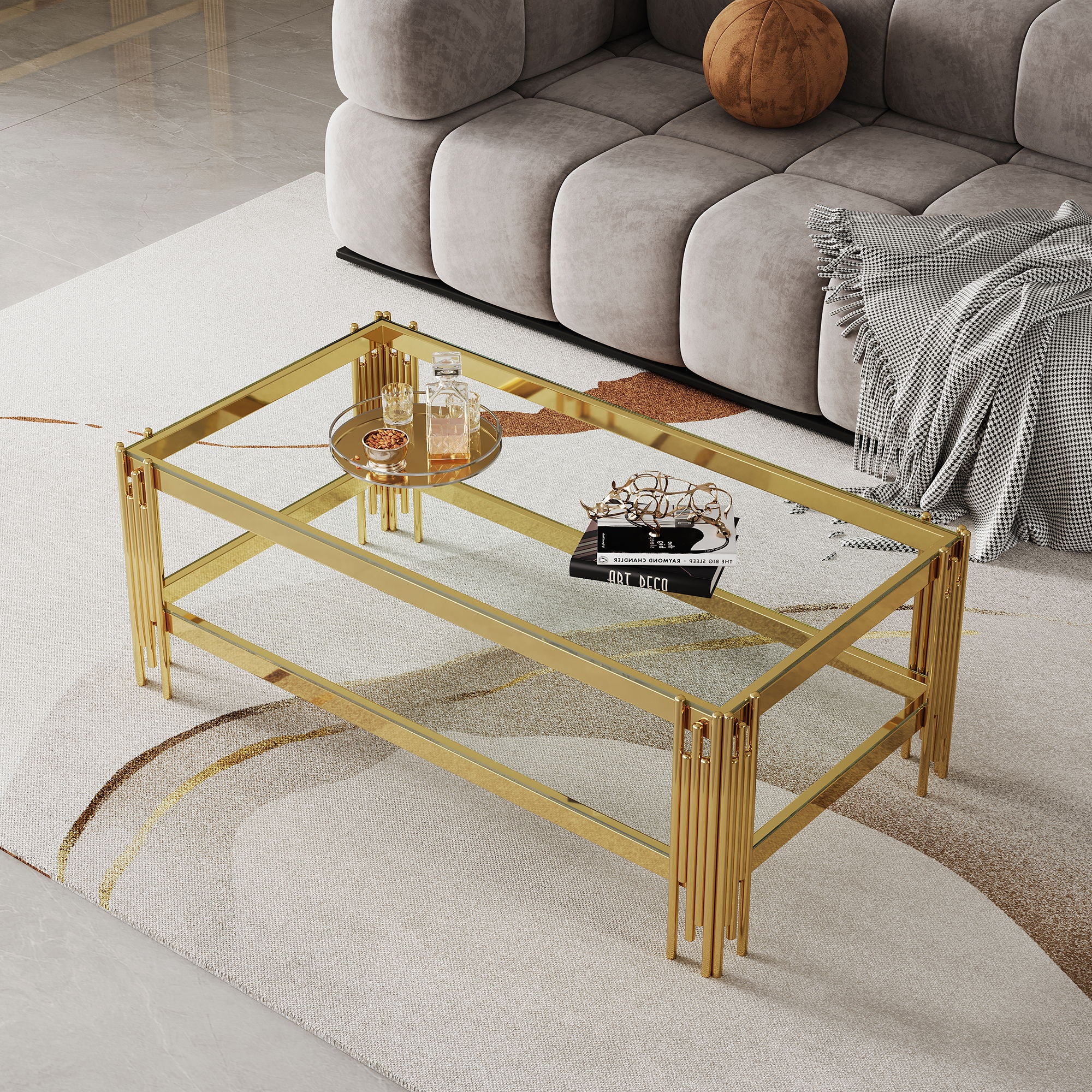 Top And Bottom Double Layer Tempered Glass Table And Mirror Finished Stainless Steel Frame