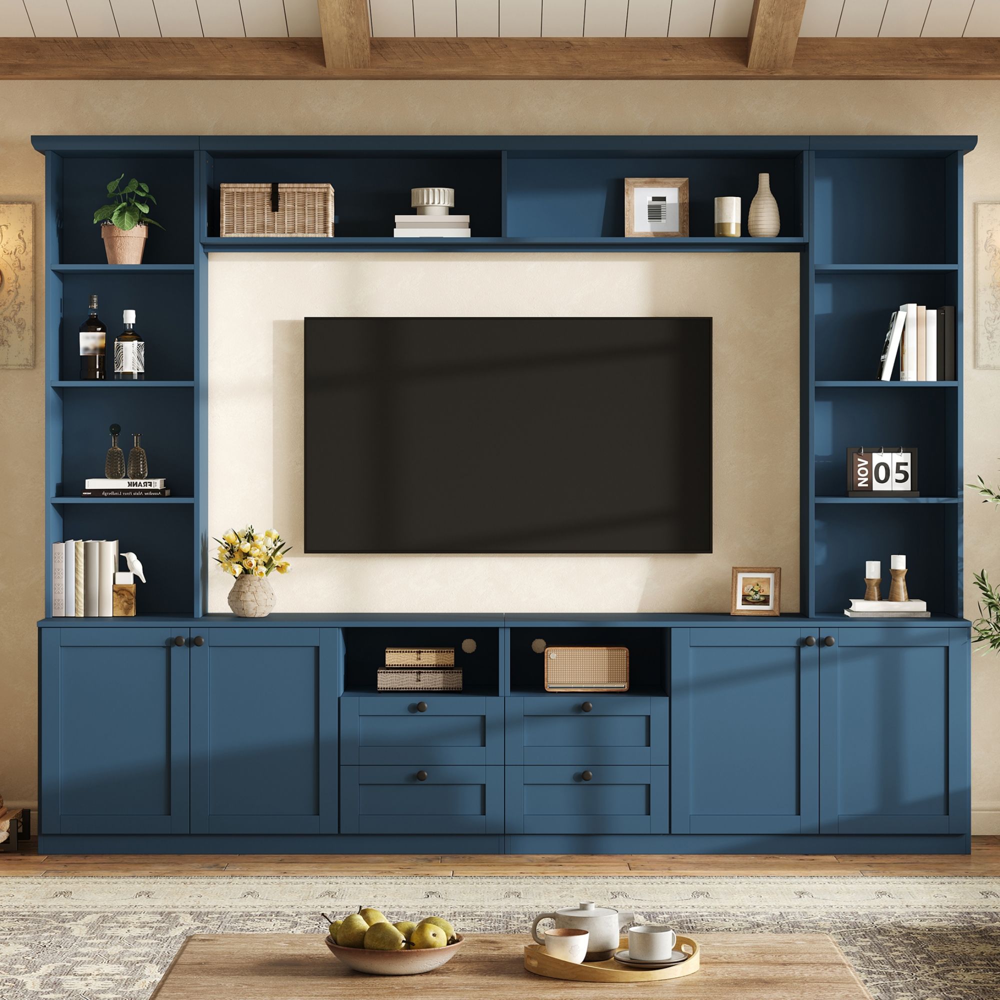 Farmhouse Elegant Entertainment Center Wall Unit With 4 Drawers