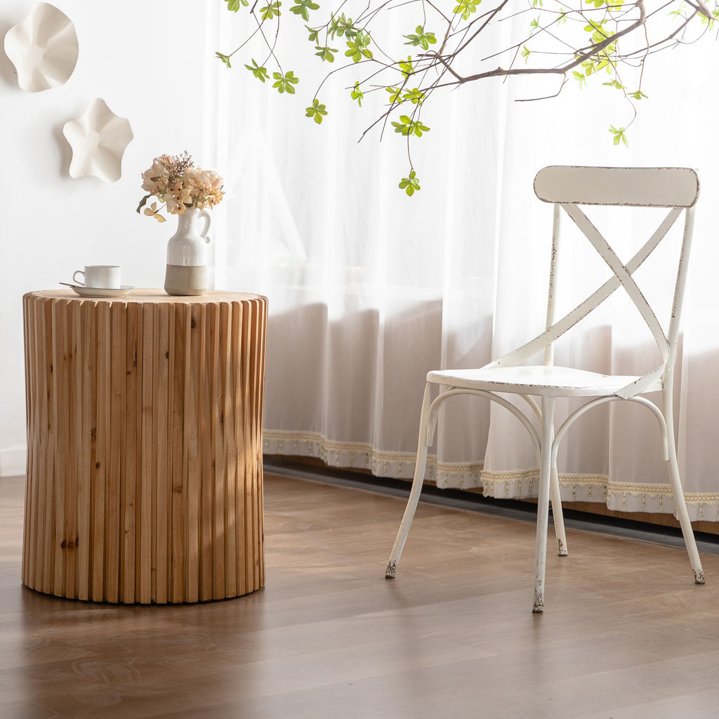 Cylindrical Side Table With Vertical Texture Relief Design - Natural