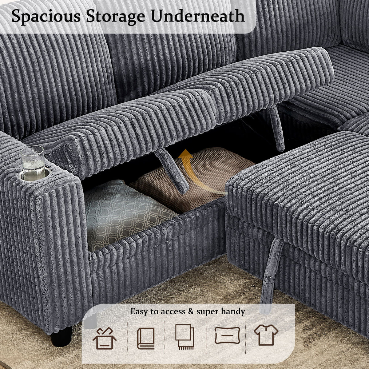 L-Shaped Sectional Sofa Bed With Pull Out Bed & Storage, 5 Seat Sleeper Couch With USB Charging For Living Room - Gray