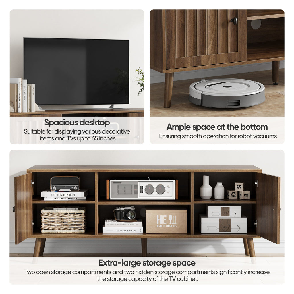 55" TV Cabinet With Vertical Groove Doors, Adjustable Shelves - Walnut