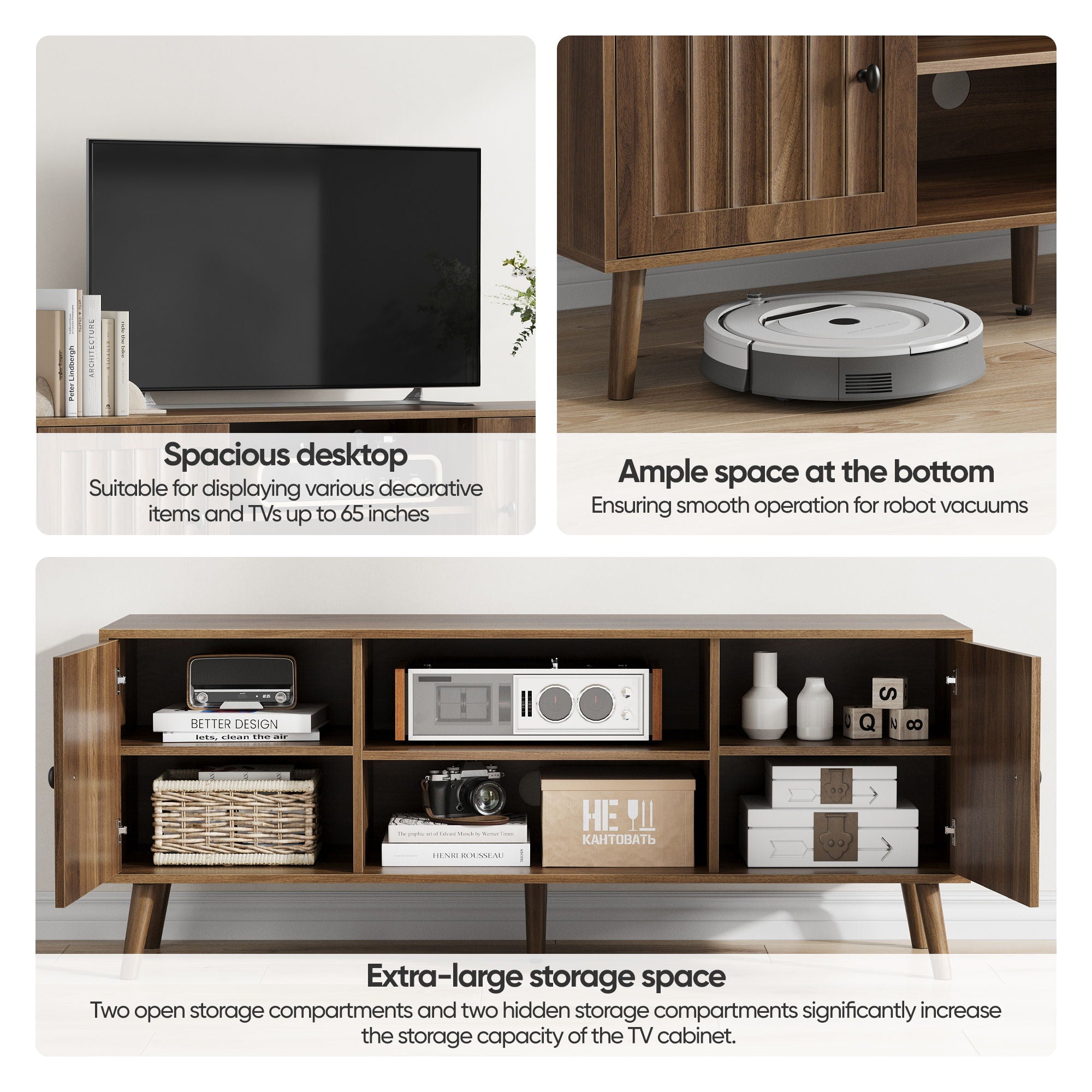 55" TV Cabinet With Vertical Groove Doors, Adjustable Shelves - Walnut