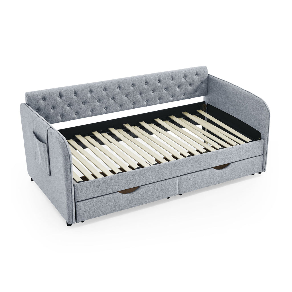 Daybed With Trundle And Storage Drawers, Flat Arms With Pocket