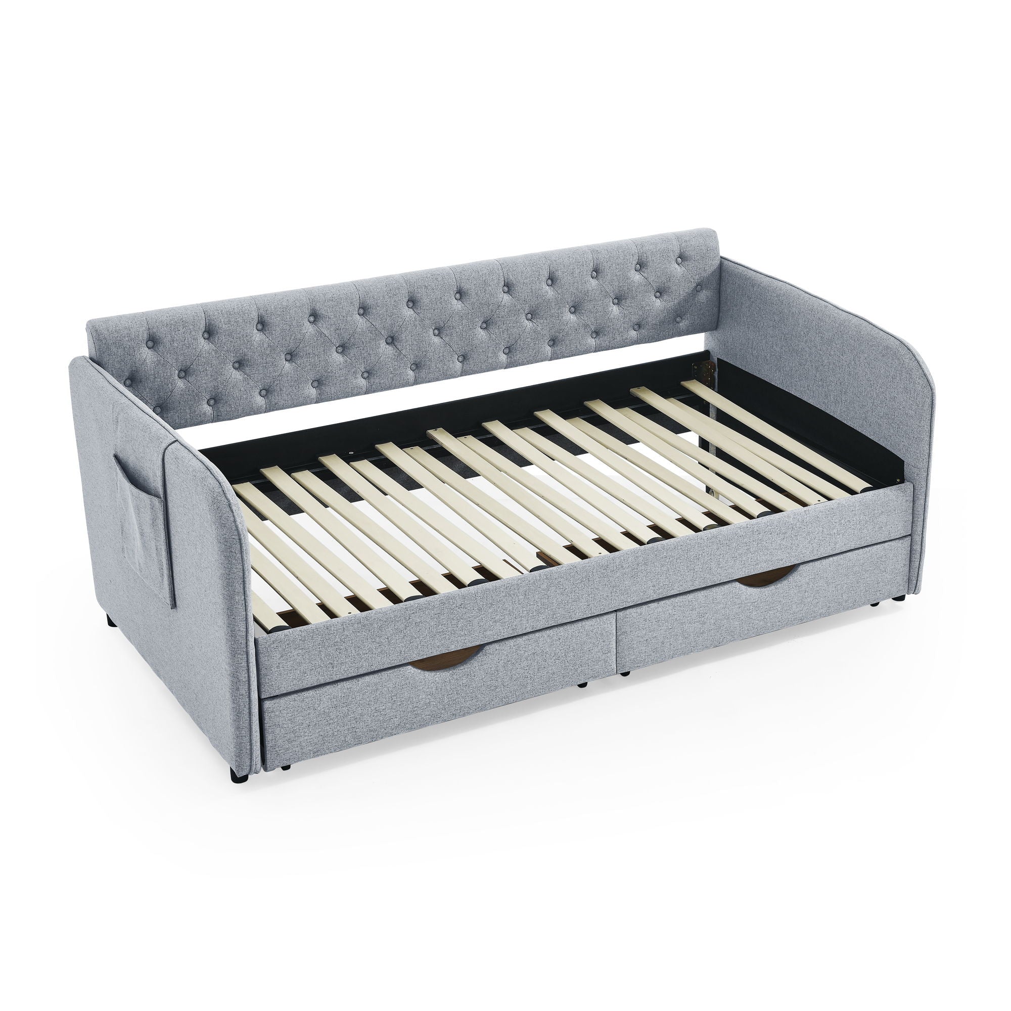 Daybed With Trundle And Storage Drawers, Flat Arms With Pocket