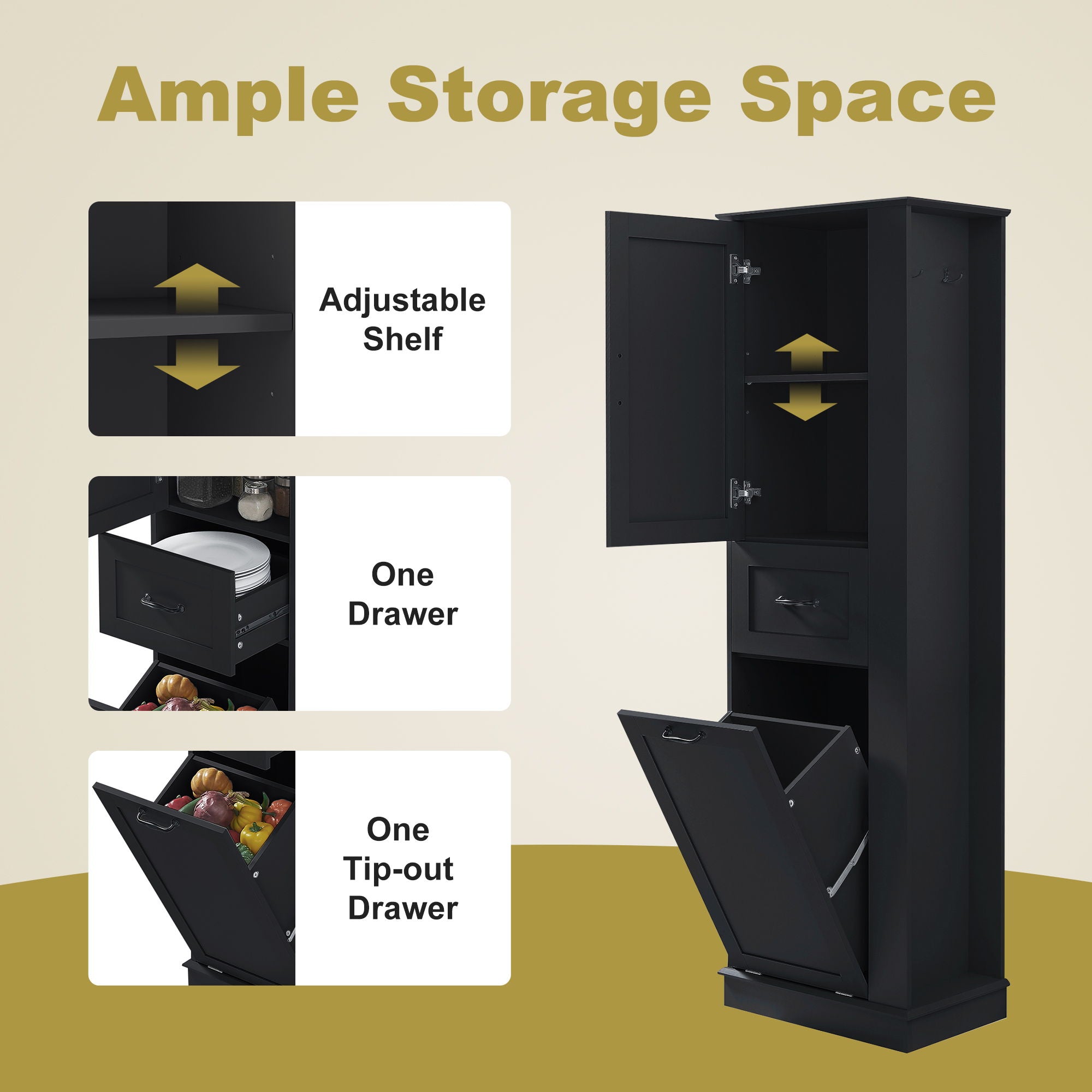 Modern Tall Storage Cabinet With Tilt-Out Compartment, Adjustable Shelves