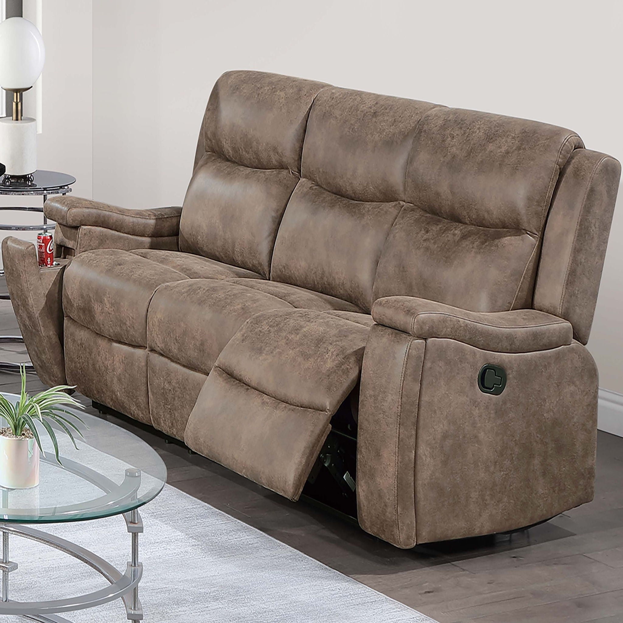 1 Piece Manual Motion Sofa Console Loveseat With Plush Back Cushion And Hidden Cup Holder - Auburn