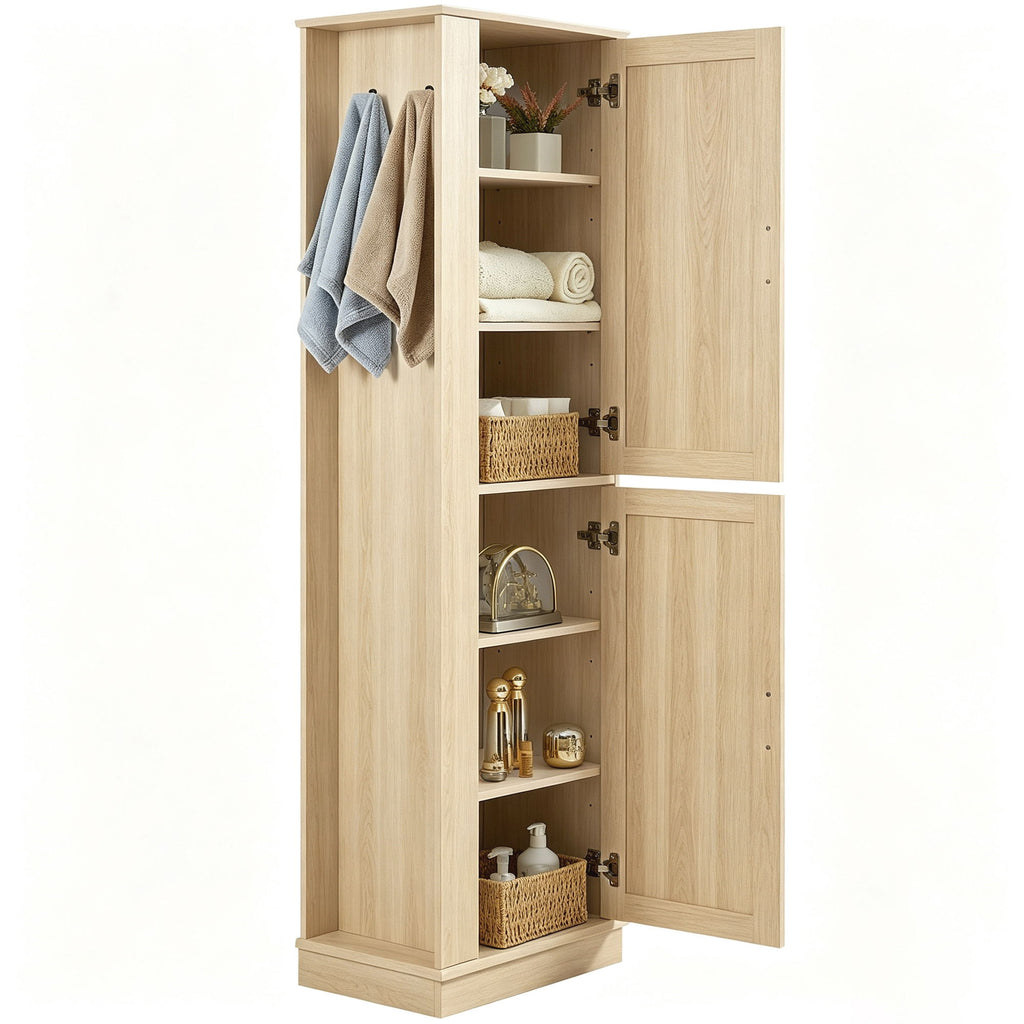Tall Freestanding Bathroom Storage Cabinet With Adjustable Shelves And Side Hooks