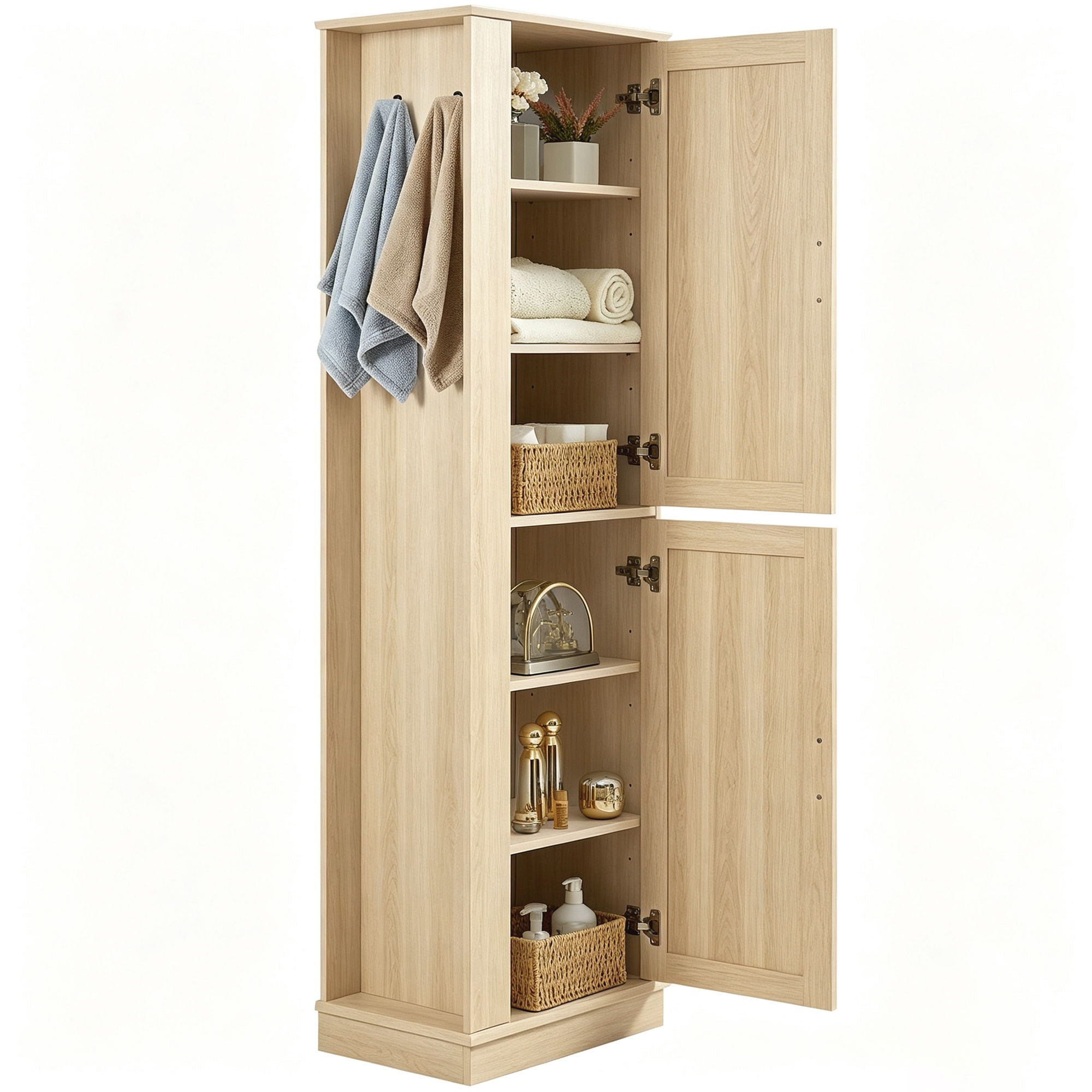 Tall Freestanding Bathroom Storage Cabinet With Adjustable Shelves And Side Hooks