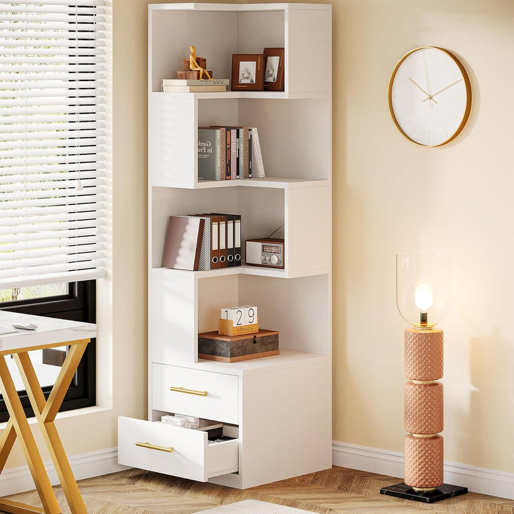 Corner Bookshelf With 2 Drawers, 5 Tier Bookcase For Apartment - White