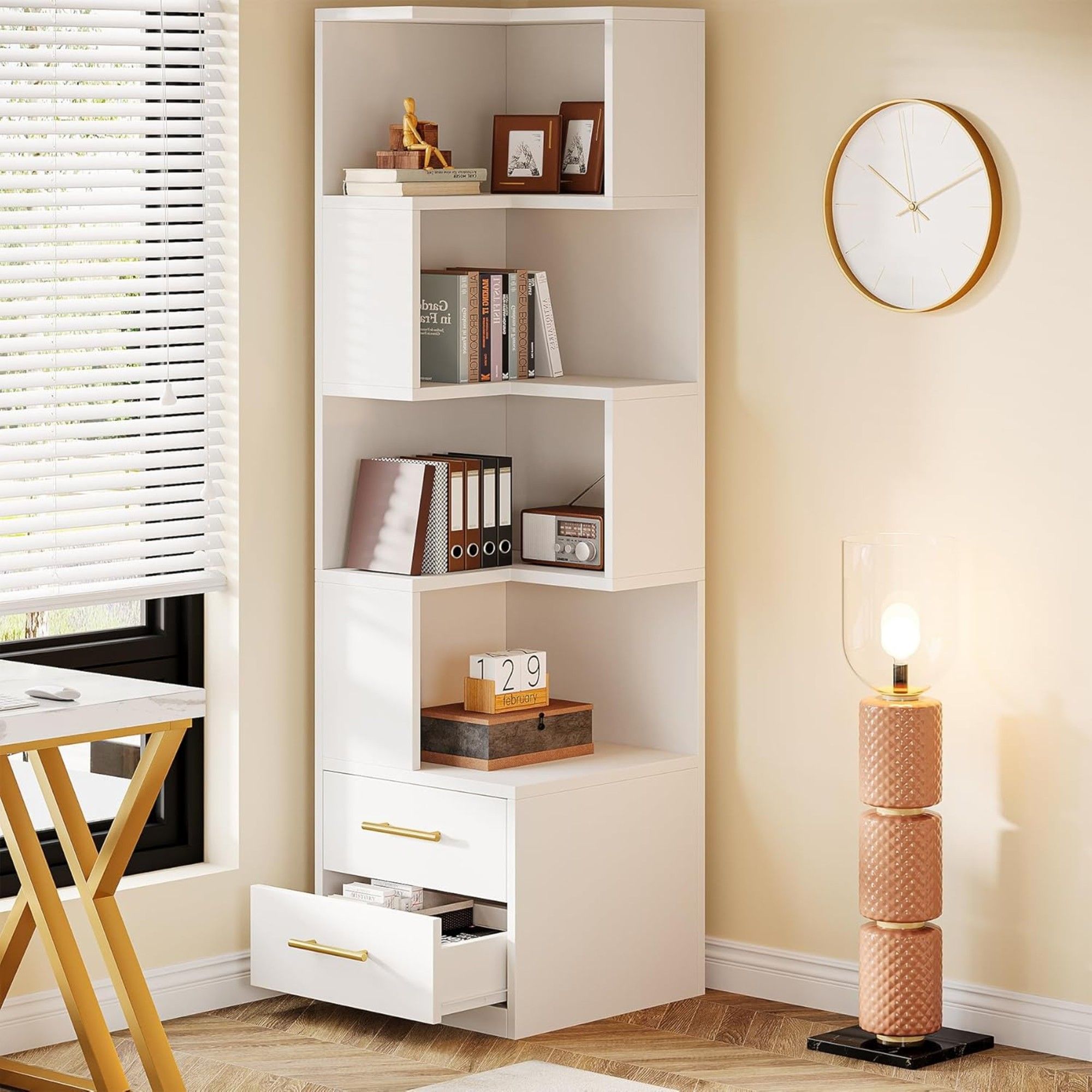 Corner Bookshelf With 2 Drawers, 5 Tier Bookcase For Apartment - White