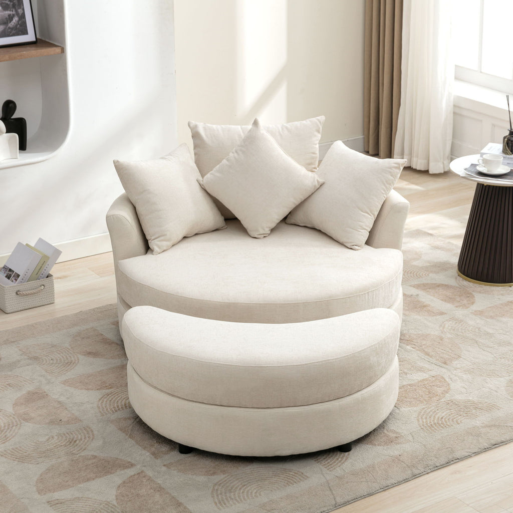 360° Swivel Accent Barrel Chair With Storage Ottoman & 4 Pillows, Modern Leisure Chair Round Accent For Living Room