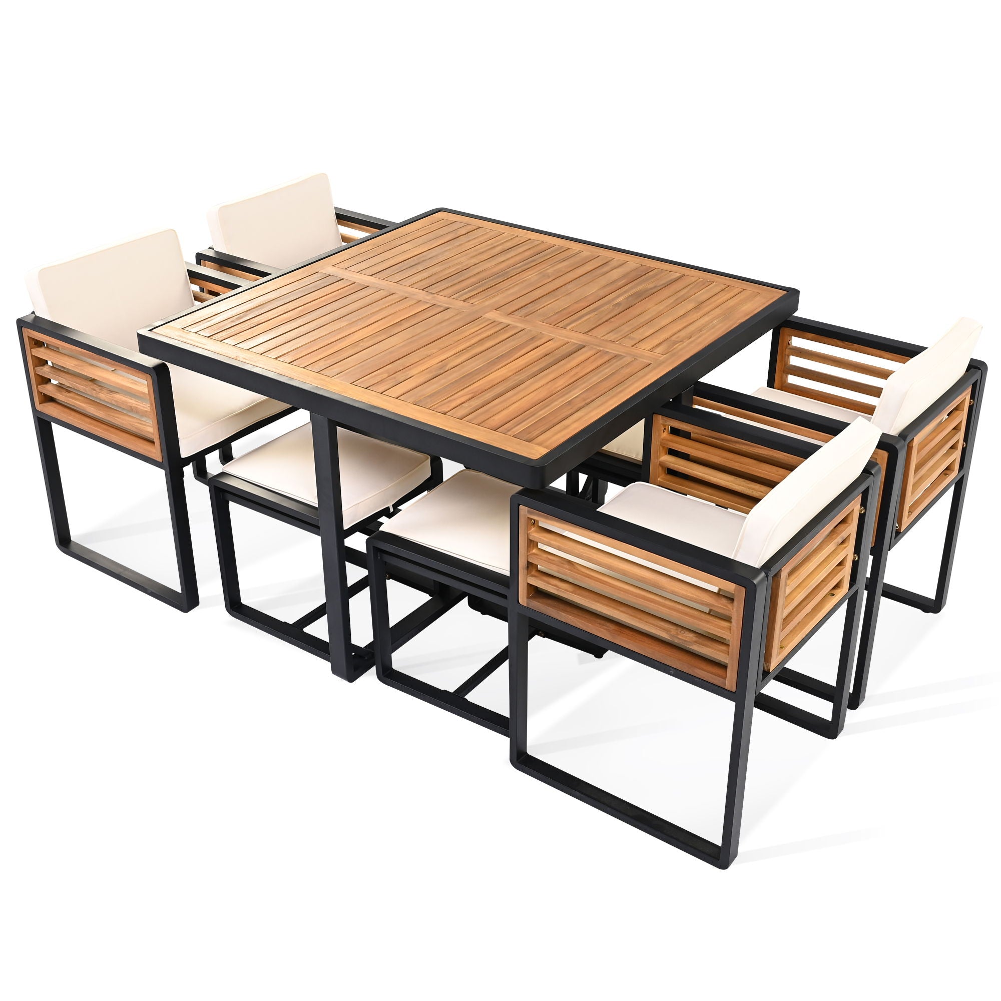 Acacia Wood Patio Dining Set, Cushioned Chairs & Ottomans Square Table