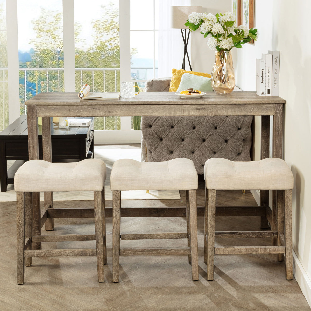4 Piece Bar Table Set With Power Outlet, 3 Padded Stools