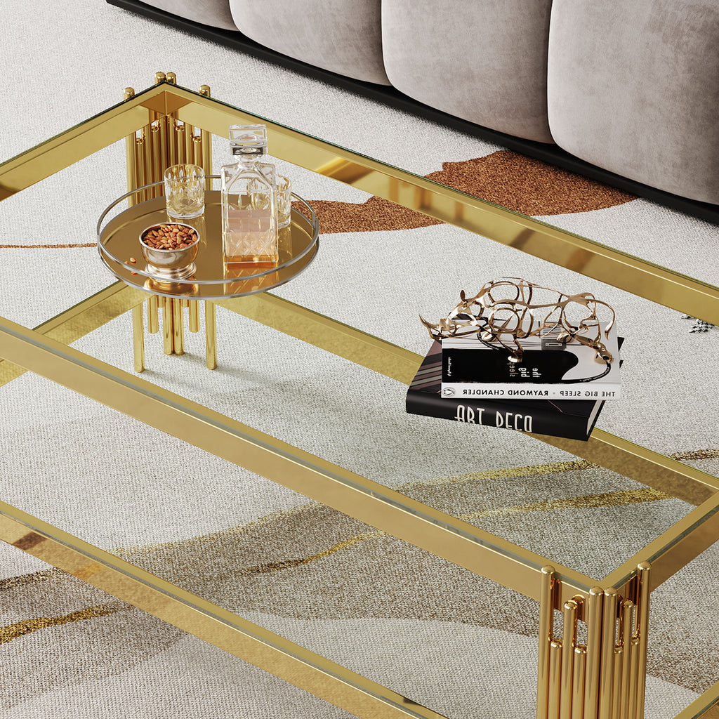 Top And Bottom Double Layer Tempered Glass Table And Mirror Finished Stainless Steel Frame