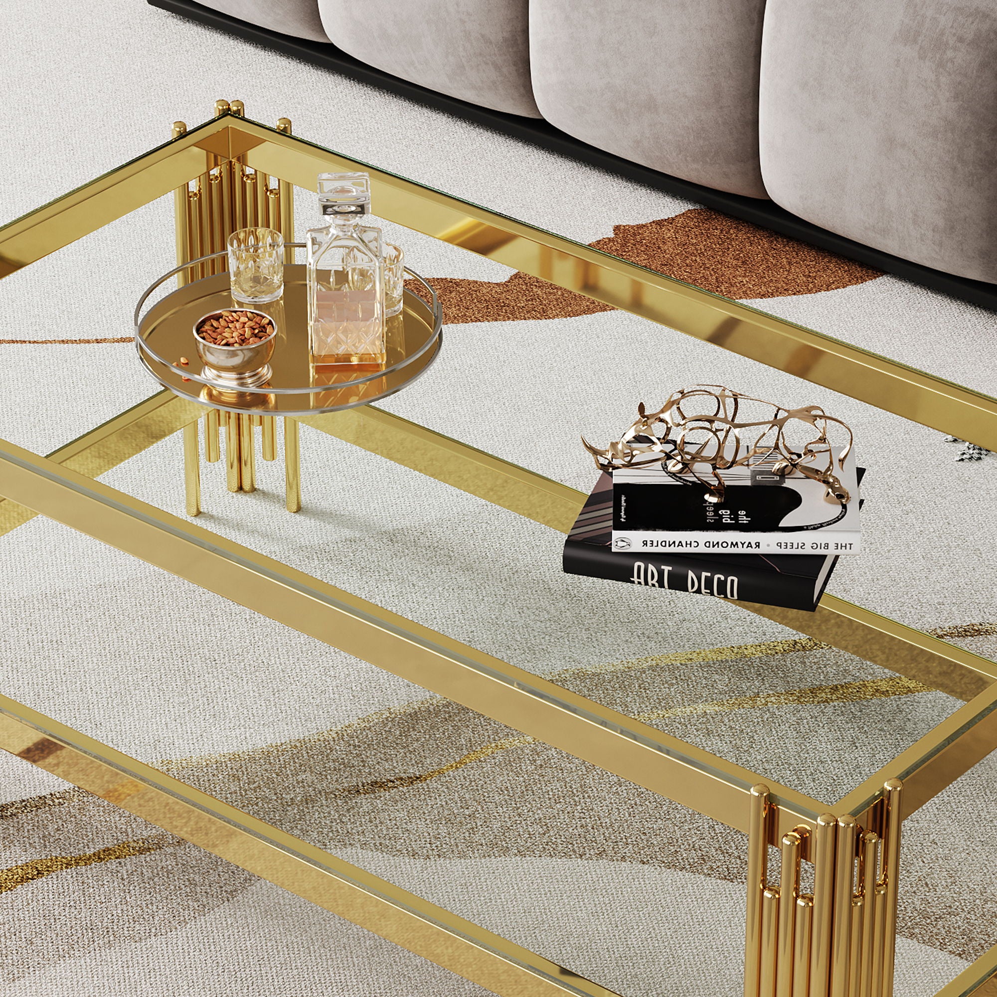 Top And Bottom Double Layer Tempered Glass Table And Mirror Finished Stainless Steel Frame