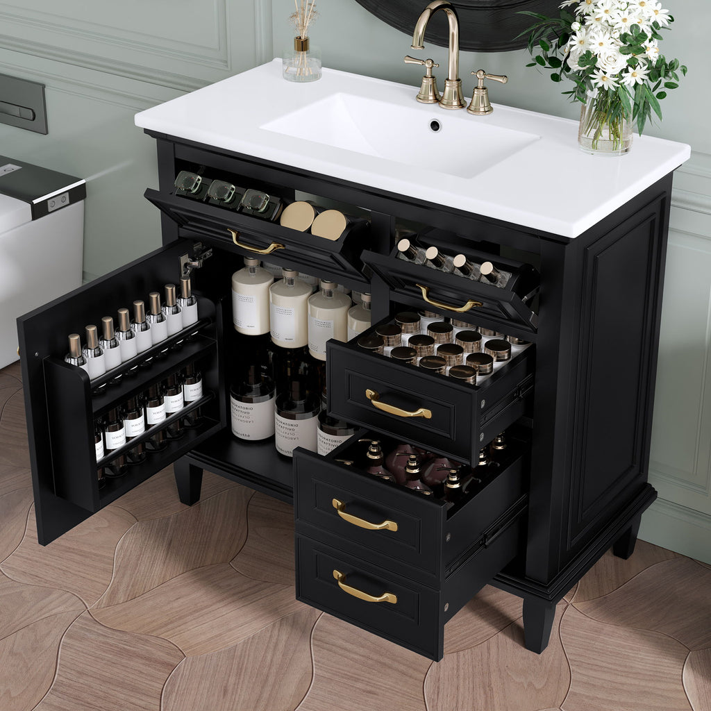 Modern Bathroom Vanity With Sink Top, Flip Drawers, Adjustable Shelf