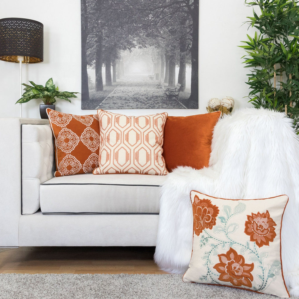 Geometric Embroidered Throw Pillow - Rust