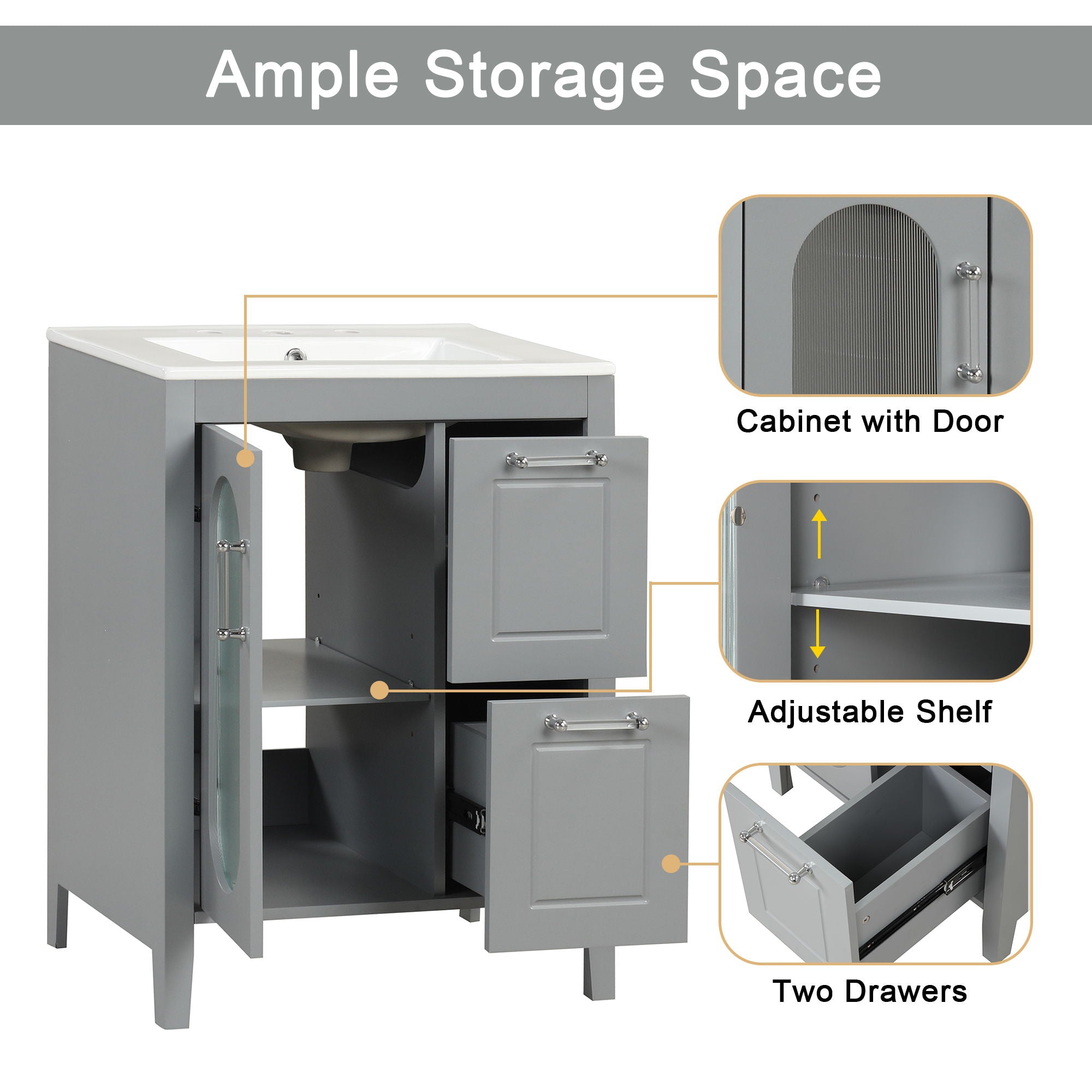 Modern Bathroom Vanity With Sink, Cabinet With 2 Drawers And Door, Adjustable Shelf