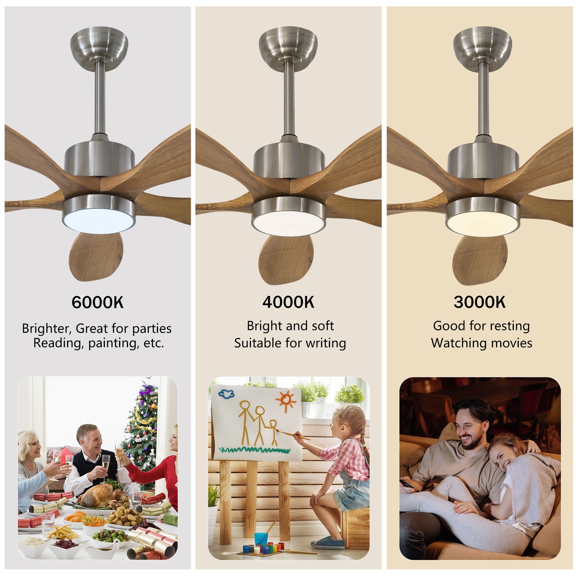 Ceiling Fan With Lights Quiet DC Motor Ceiling Fans 6 Speed Levels - Nickel