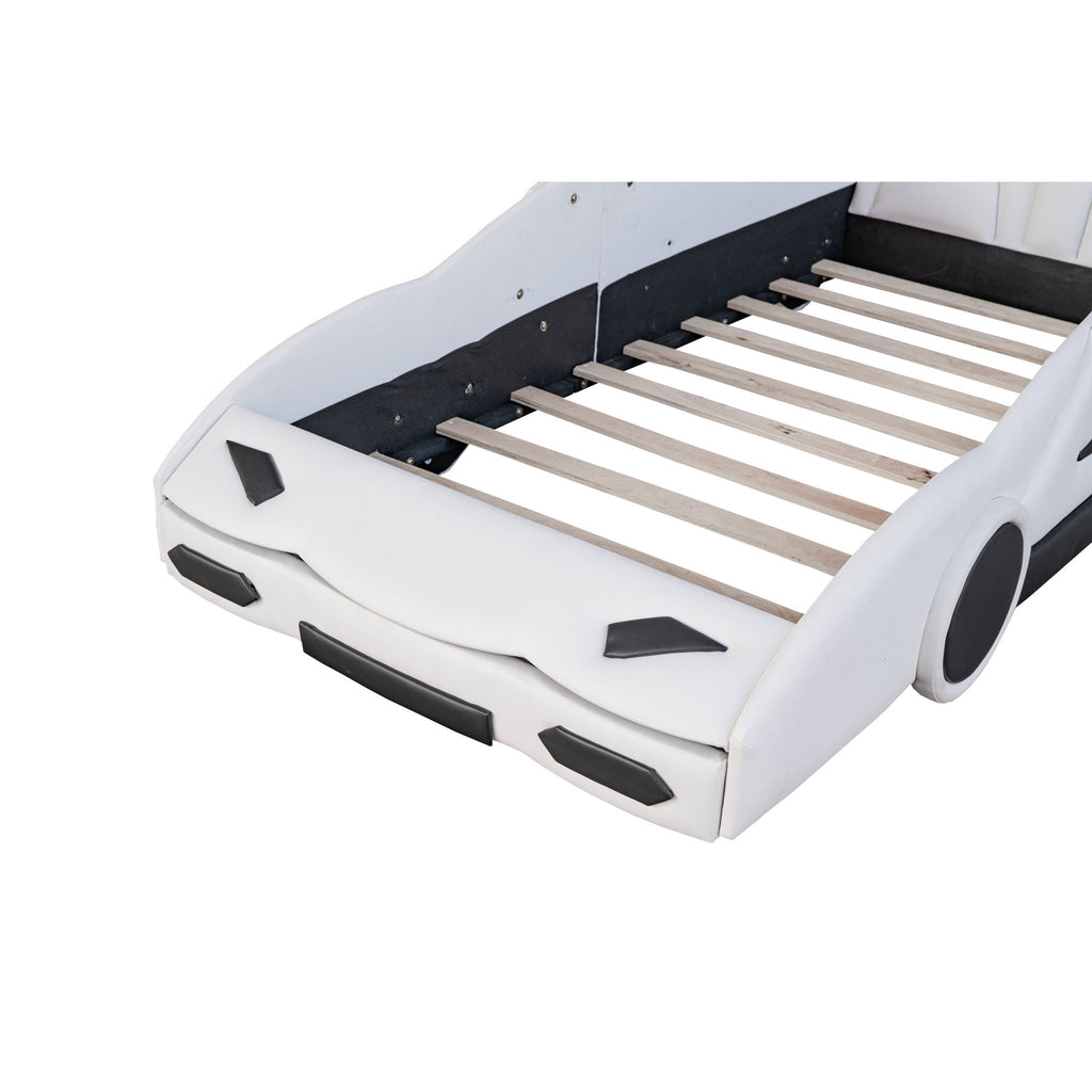 Race Car Shaped Twin Platform Bed With Wheels, Pine Wood Construction