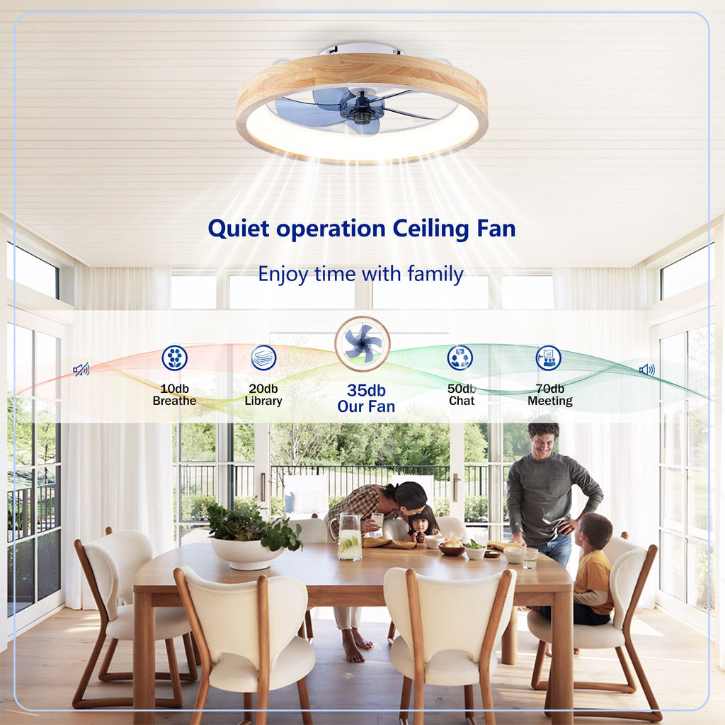 Ceiling Fans With Lights And Remote, 3000 - 6500K Dimmable Flush Mount LED Fan Light, 6 Speeds, Quiet DC Motor For Living Room - Matte White / Natural Wood