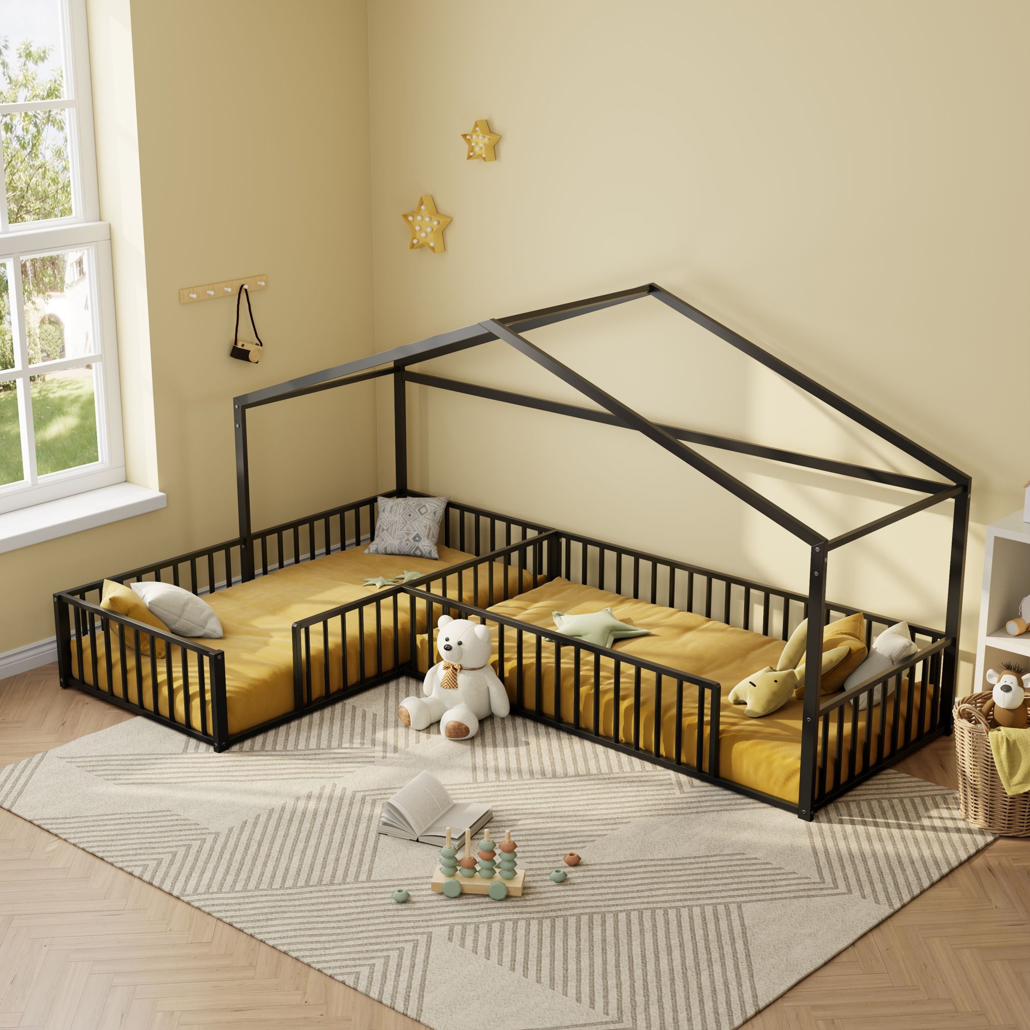 L-Shaped Montessori Bed For 2 Kids With Partitioned Fence