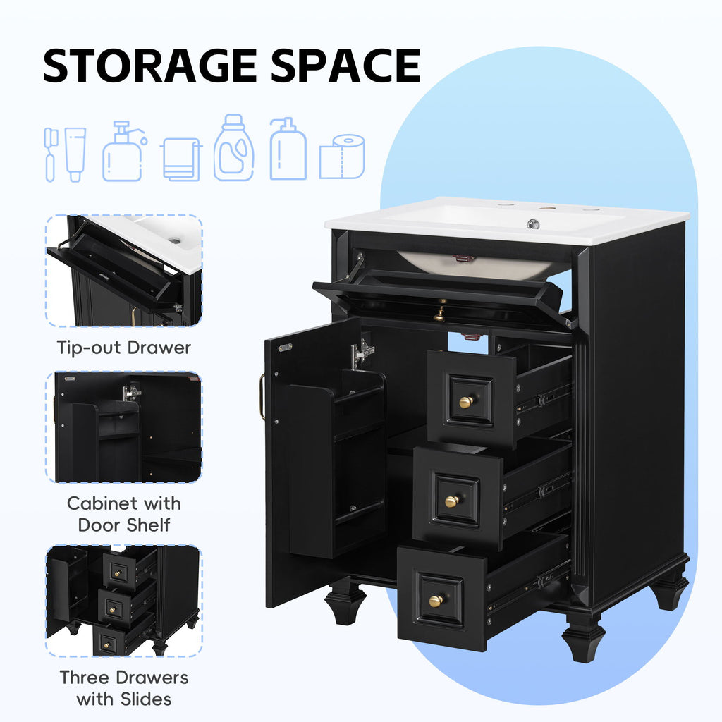 Freestanding Bathroom Vanity With Sink, 3 Drawers & Flip-Out Drawer