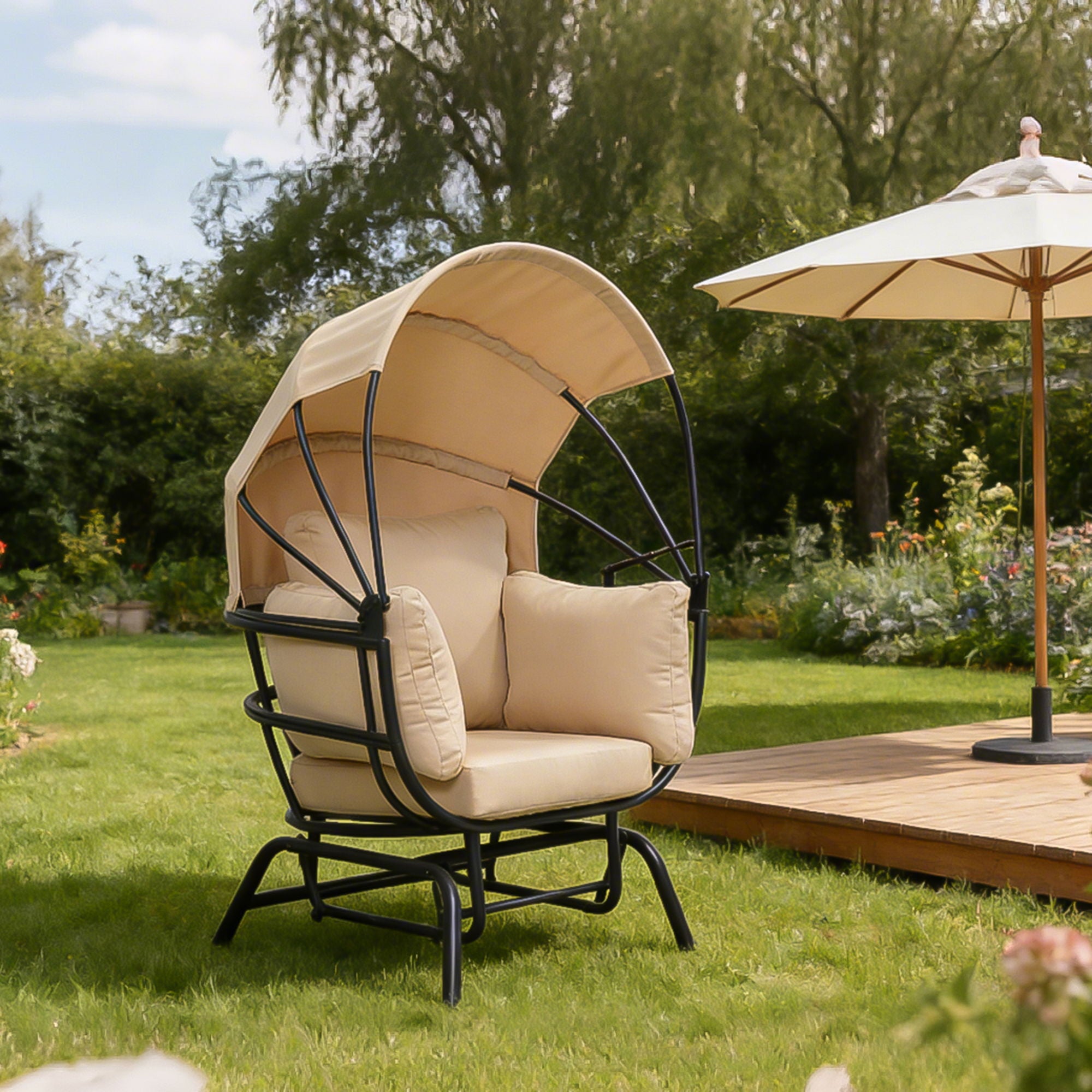 Egg Chair With Cushion And Retractable Canopy - Black / Taupe