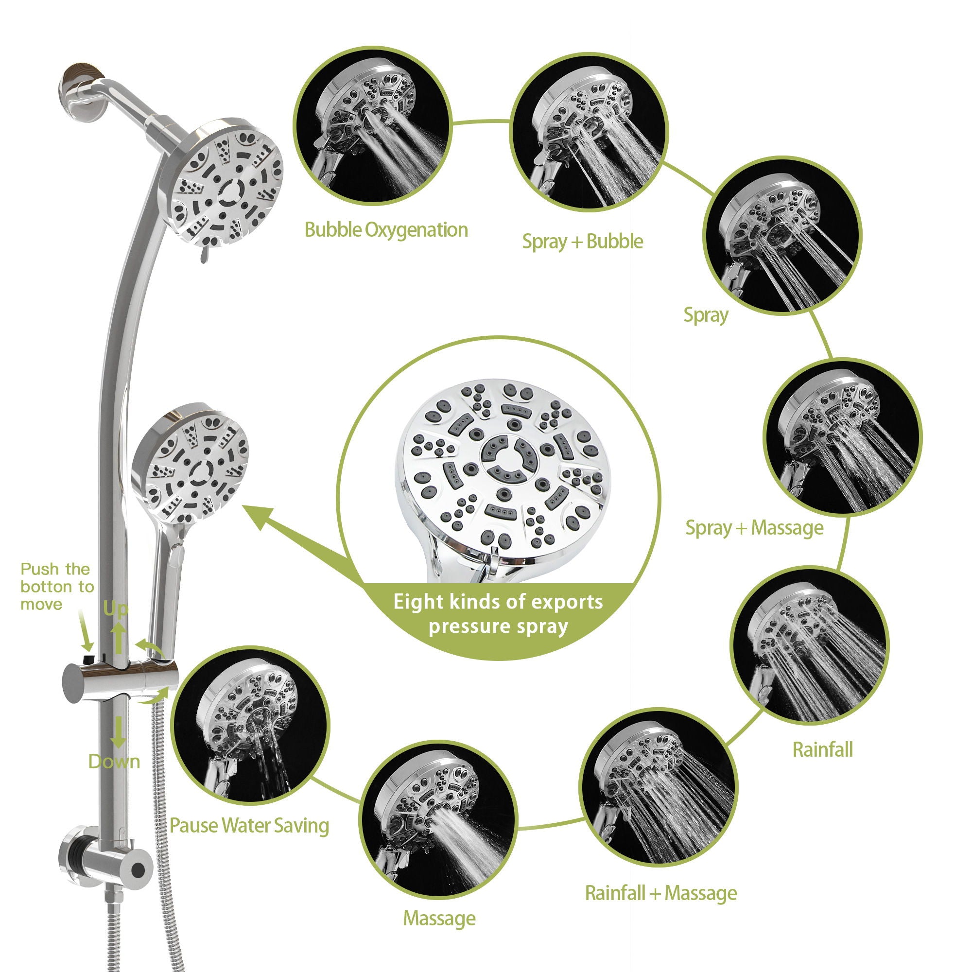 Multi Function Dual Shower Head System With 4.7" Rain Showerhead, 8 Function Hand Shower, Adjustable Slide Bar
