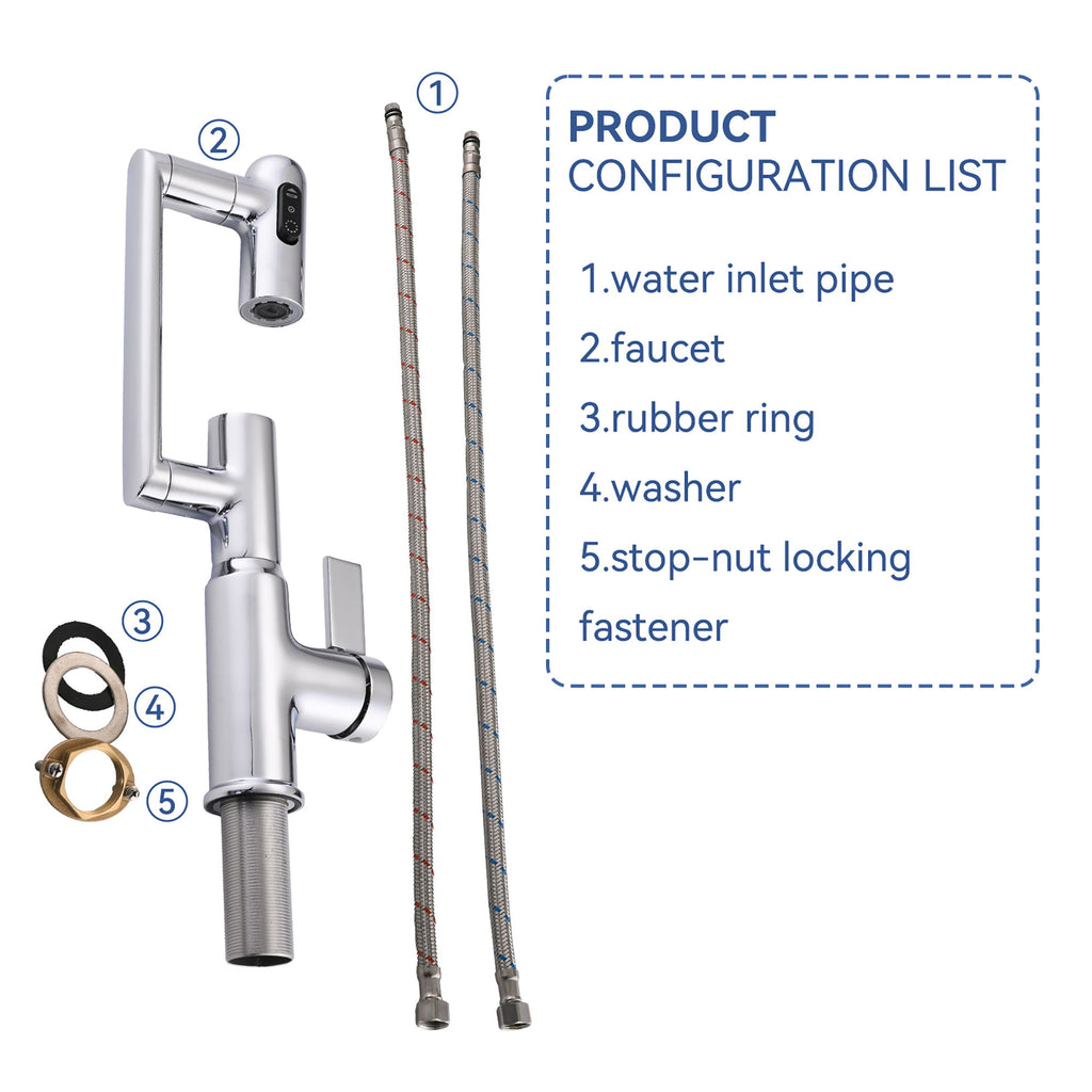 Bathroom Sink Faucet With Spray Function And Temperature Display, Anti Skid Switch, 360 Degree Rotary