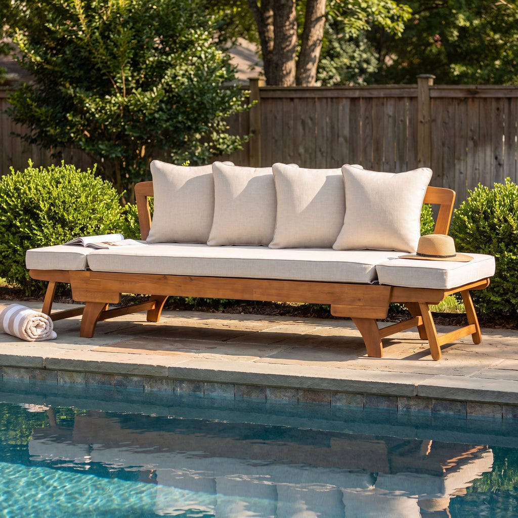 Outdoor Patio Daybed Sofa With Foldable Arm, 3 Seat With 4 Back Pillows - Beige / Teak