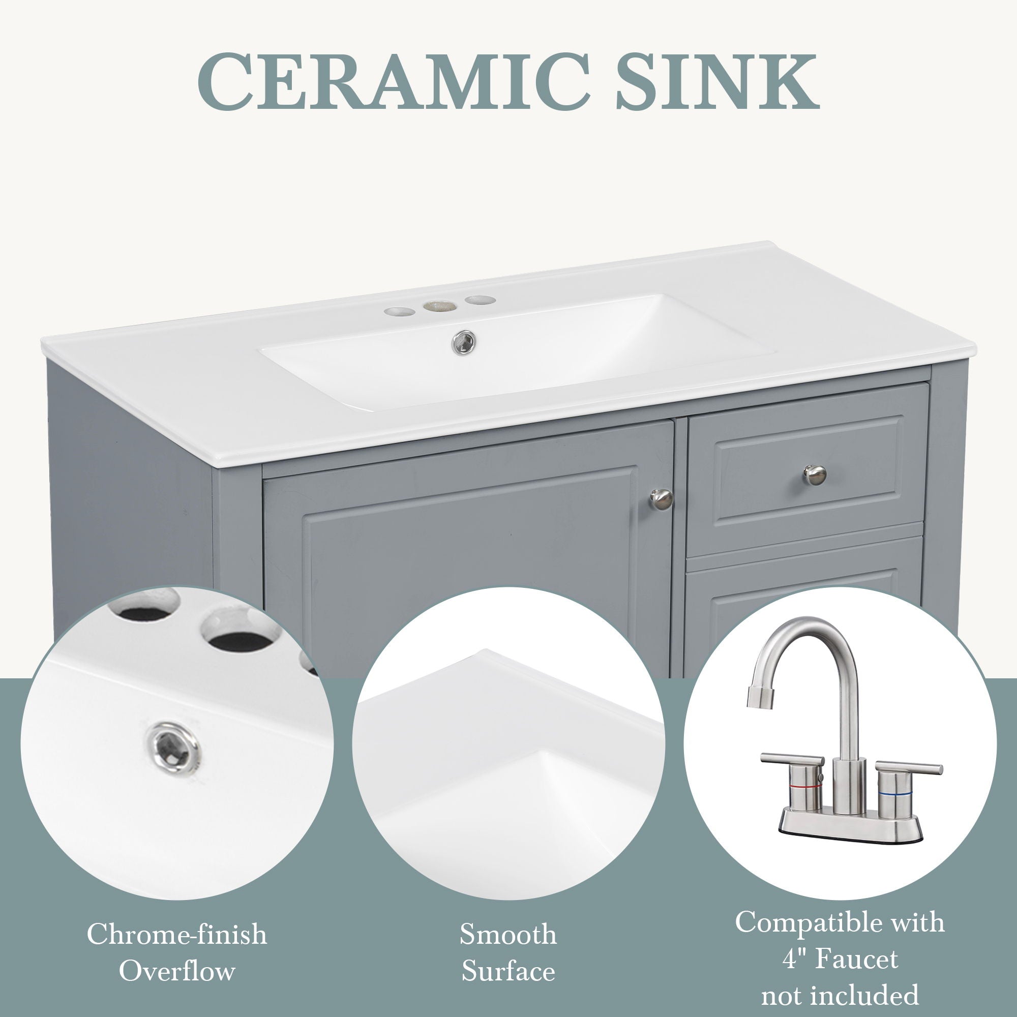 Modern Bathroom Vanity With Sink, 3 Drawers & Cabinet