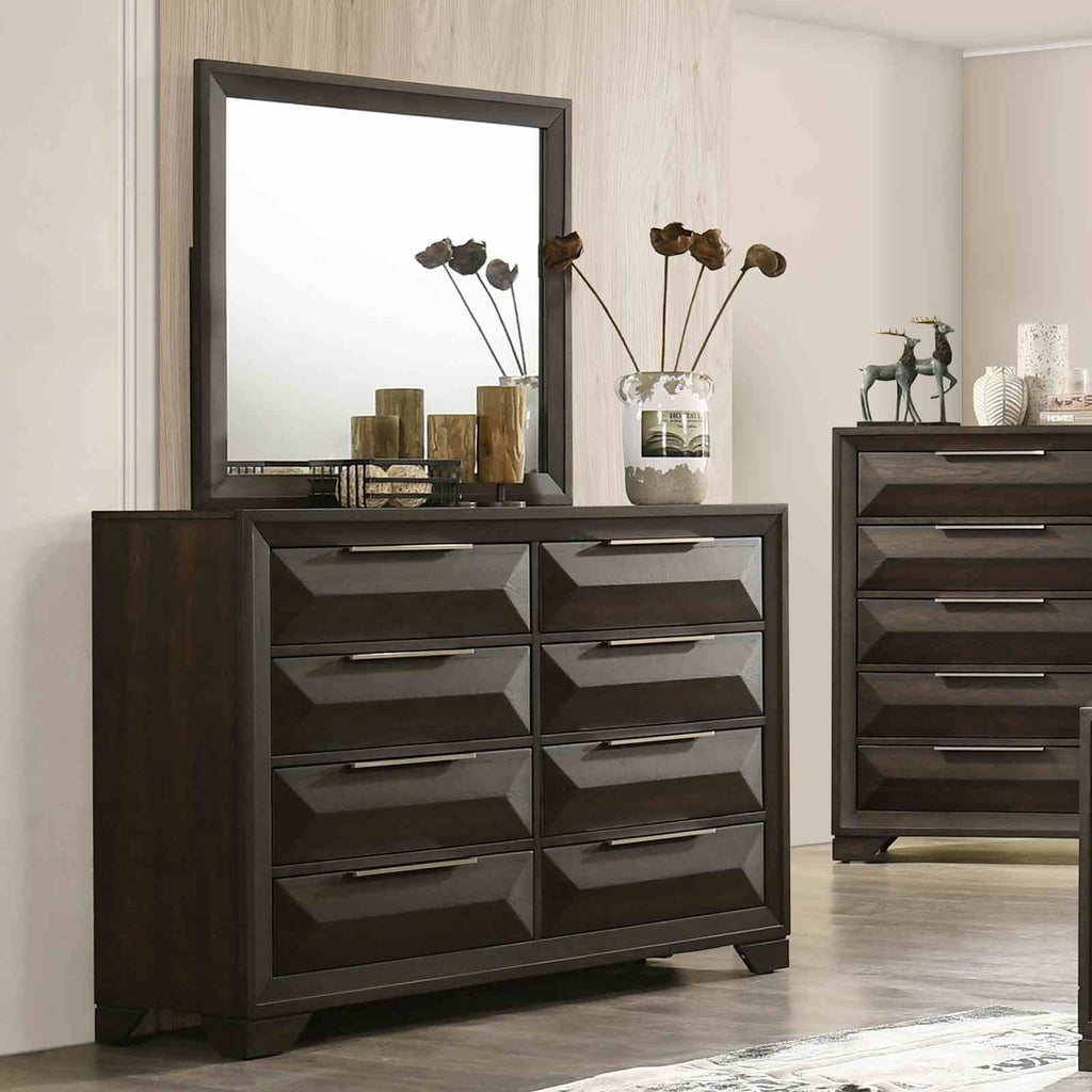 Dresser With Mirror Beveled Bracket Feet Handles 8 Drawers - Espresso