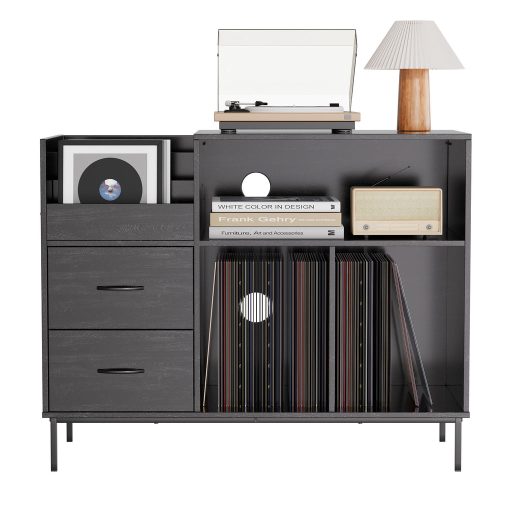 Eco-Friendly Vinyl Record Player Stand With Flip-Top Storage, Media Console With Dual Outlets And Dustproof Drawers