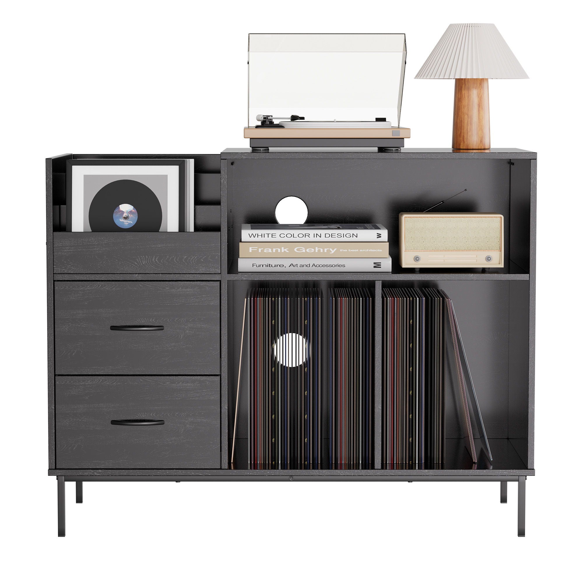 Eco-Friendly Vinyl Record Player Stand With Flip-Top Storage, Media Console With Dual Outlets And Dustproof Drawers