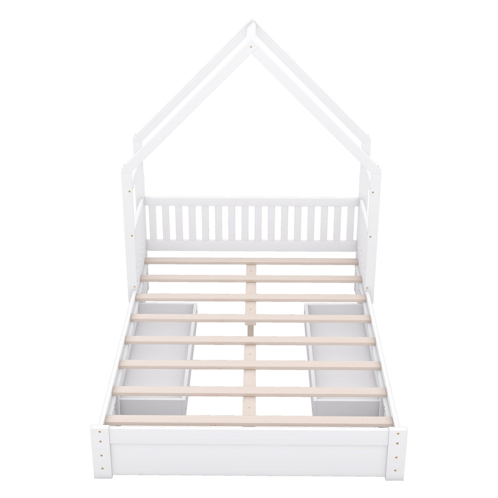 House Style Platform Bed With Guardrail And 2 Drawers