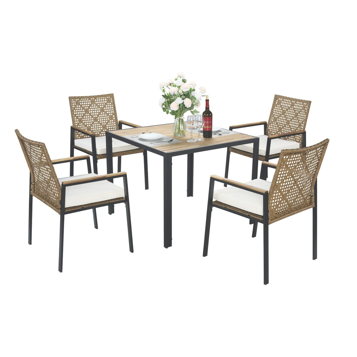 5 Piece Patio Dining Table Set, Acacia Wood Table Top With Umbrella Hole