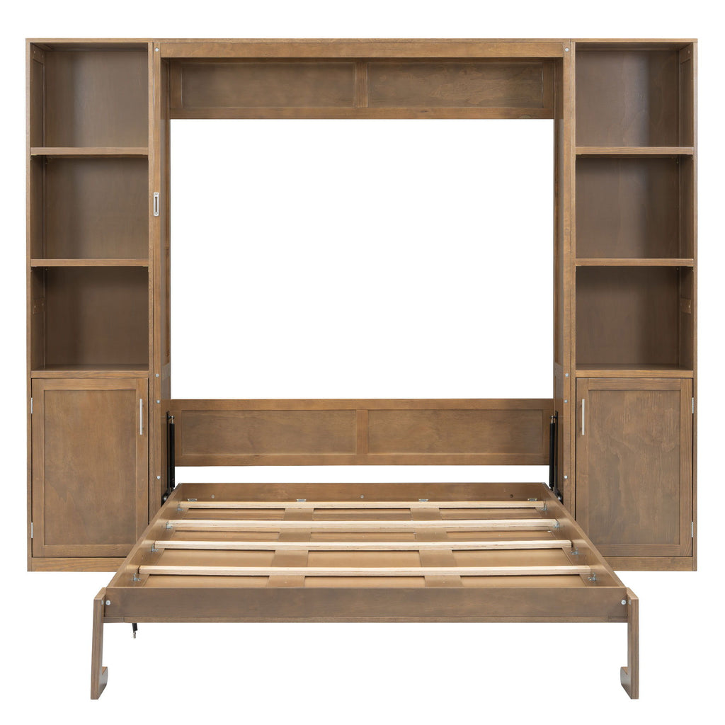 Queen Size Murphy Bed With Storage Shelves And Cabinets - Wood