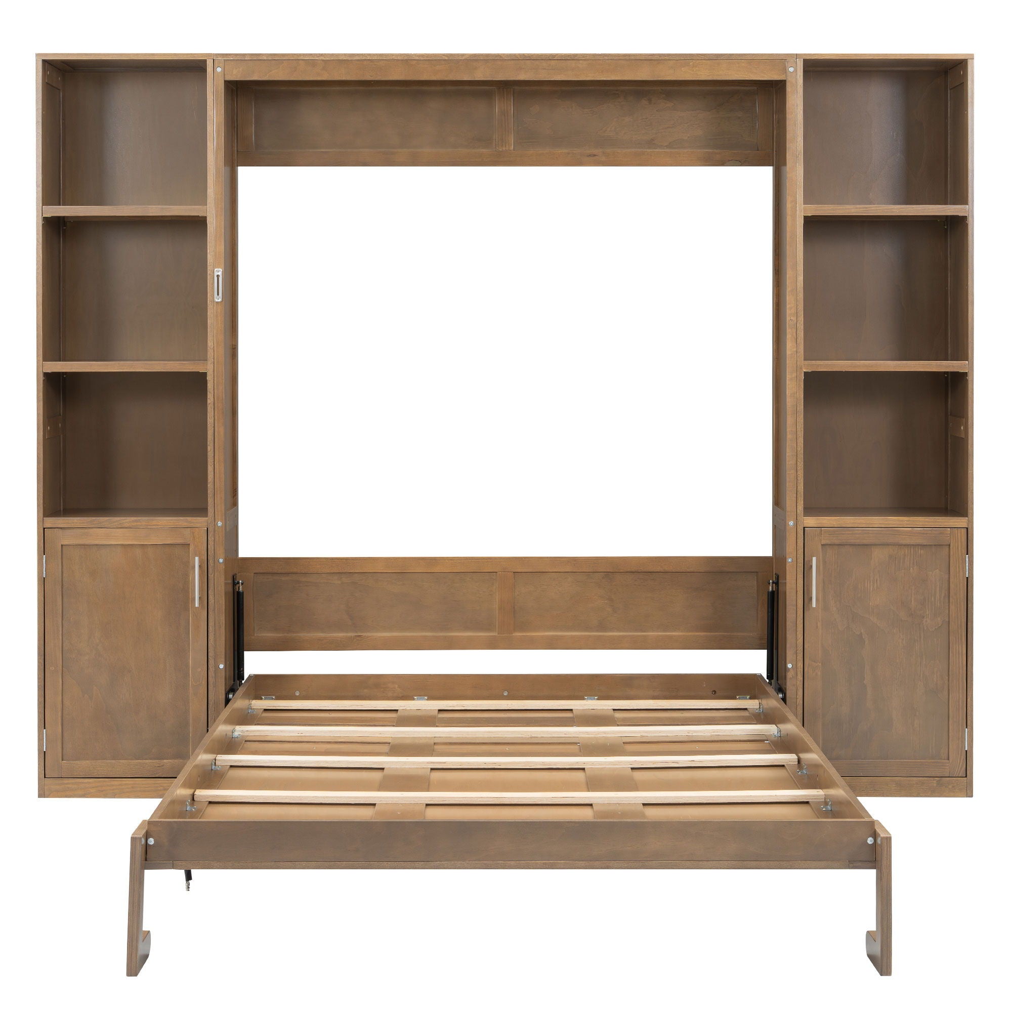 Queen Size Murphy Bed With Storage Shelves And Cabinets - Wood
